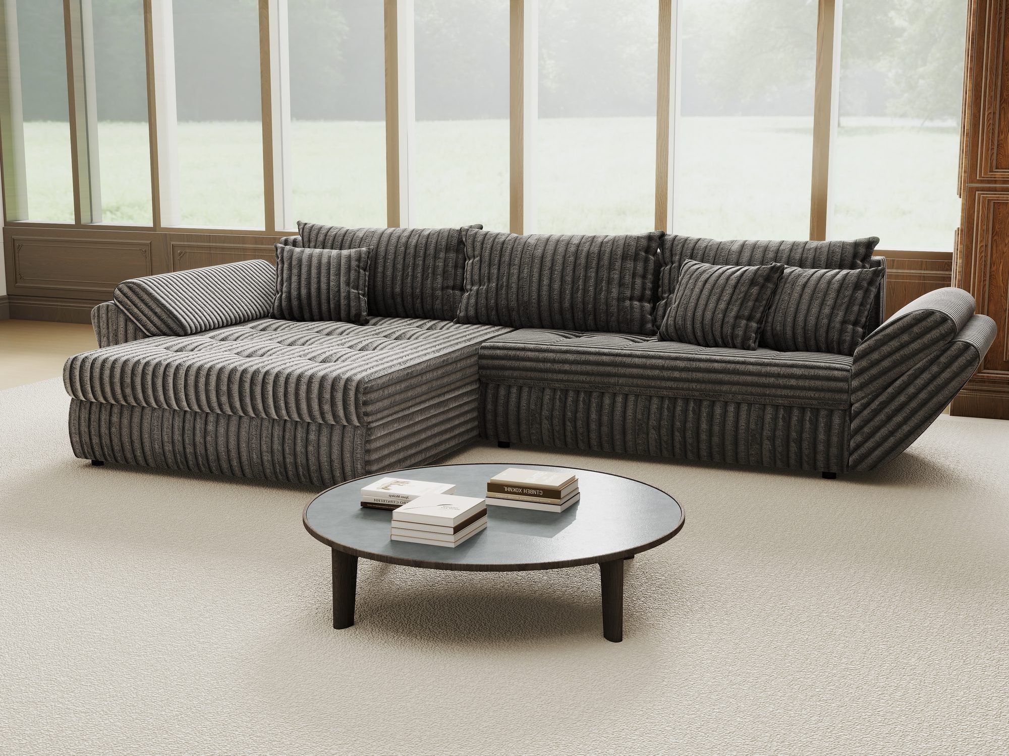 Colțar extensibil dumonde cu ladă de depozitare si sezut confortabil din spuma high-density, Loana Tilia Gri 270x185 cm