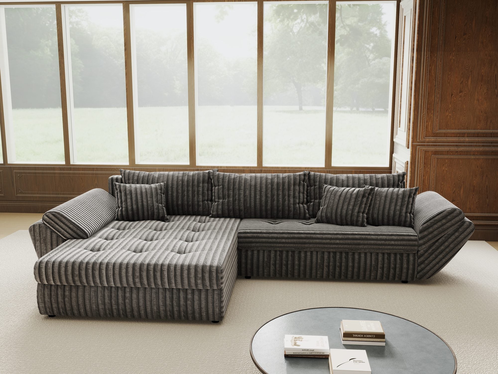 Colțar extensibil dumonde cu ladă de depozitare si sezut confortabil din spuma high-density, Loana Tilia Gri 270x185 cm