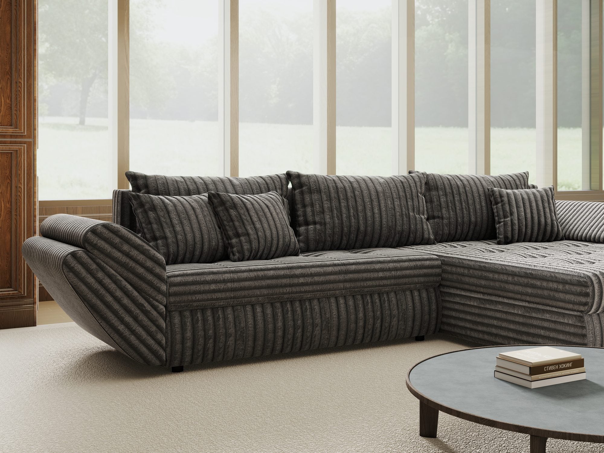 Colțar extensibil dumonde cu ladă de depozitare si sezut confortabil din spuma high-density, Loana Tilia Gri II 270x185 cm