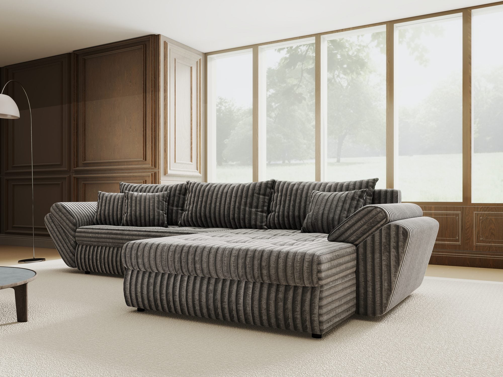 Colțar extensibil dumonde cu ladă de depozitare si sezut confortabil din spuma high-density, Loana Tilia Gri II 270x185 cm