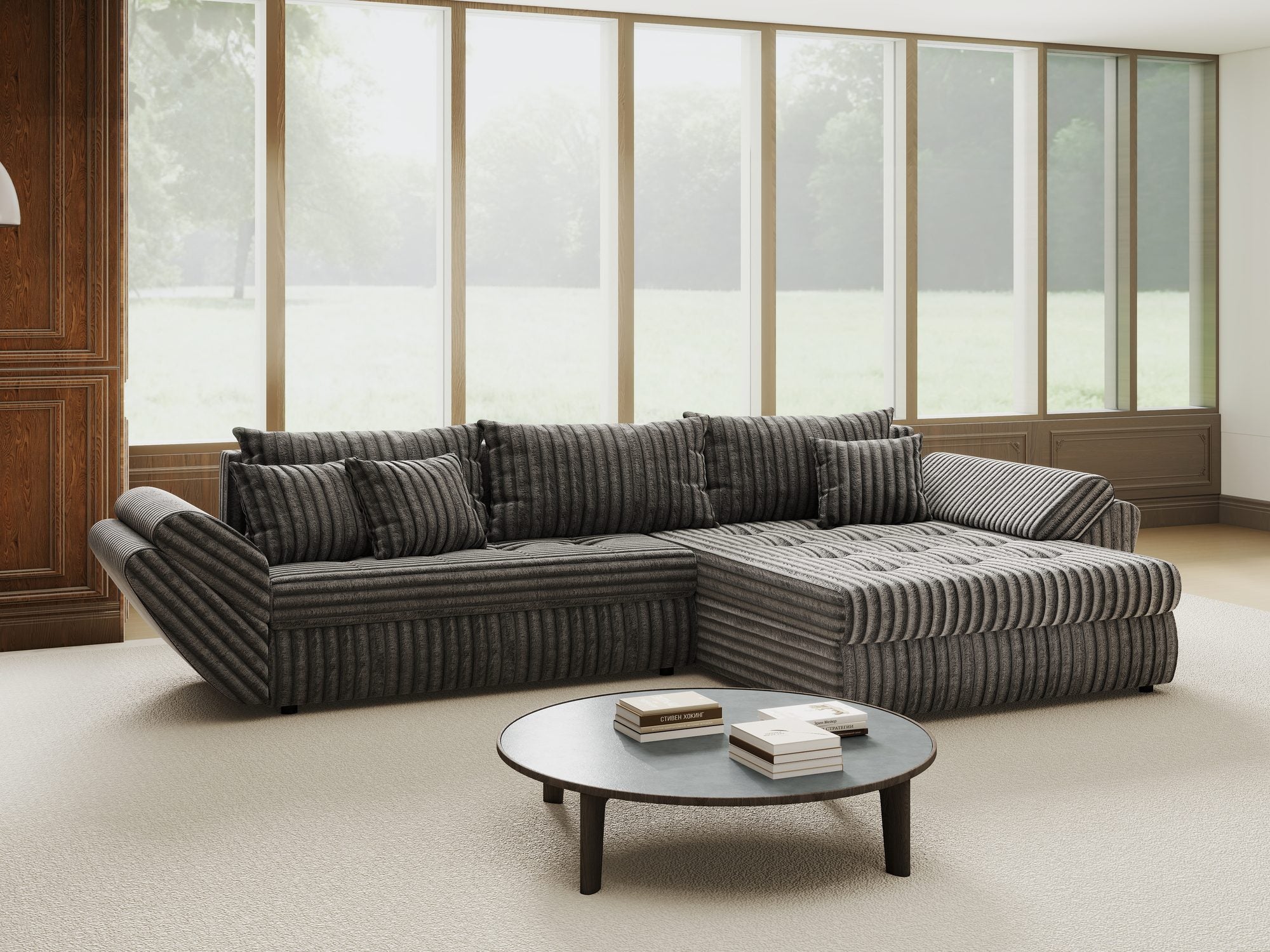 Colțar extensibil dumonde cu ladă de depozitare si sezut confortabil din spuma high-density, Loana Tilia Gri II 270x185 cm