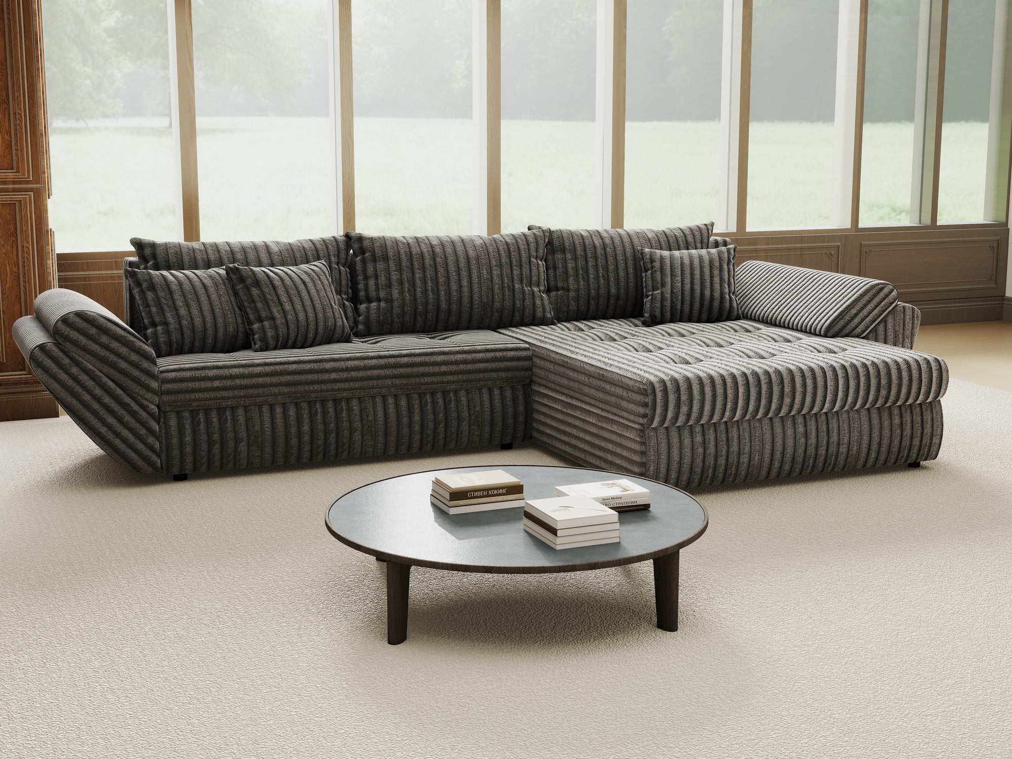 Colțar extensibil dumonde cu ladă de depozitare si sezut confortabil din spuma high-density, Loana Tilia Gri II 270x185 cm