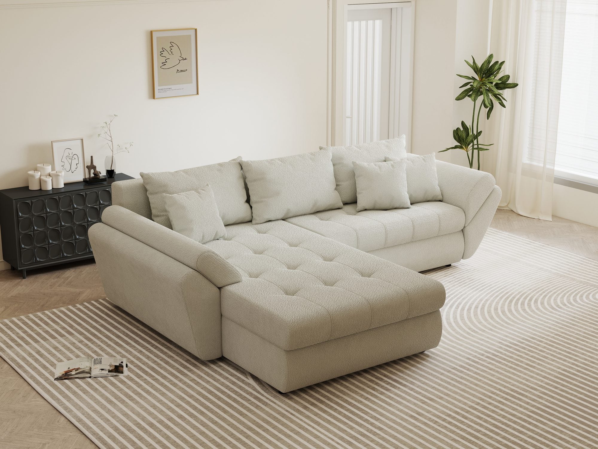 Colțar extensibil dumonde cu ladă de depozitare si sezut confortabil din spuma high-density, Loana Vibe Bej 270x185 cm