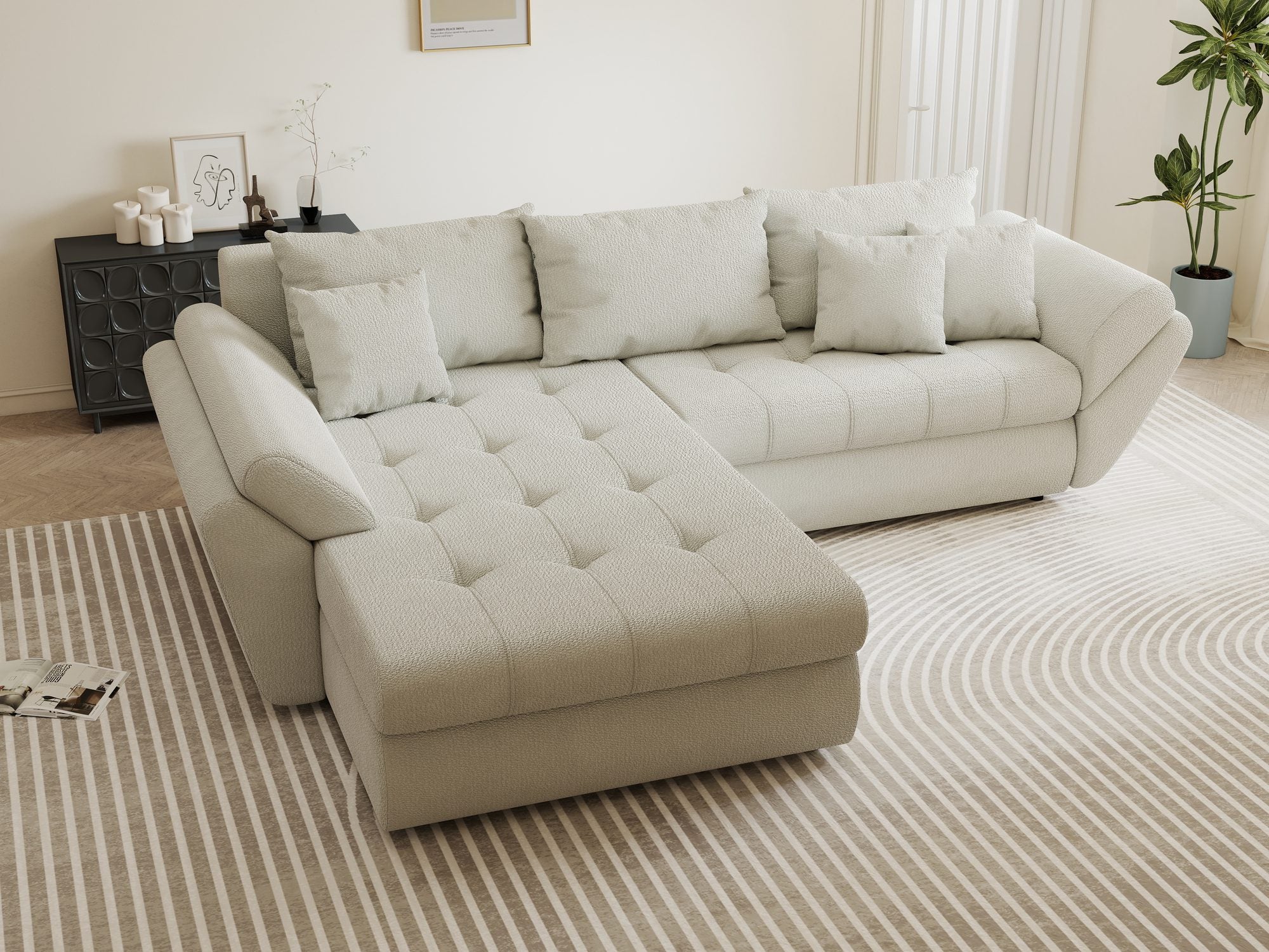 Colțar extensibil dumonde cu ladă de depozitare si sezut confortabil din spuma high-density, Loana Vibe Bej 270x185 cm