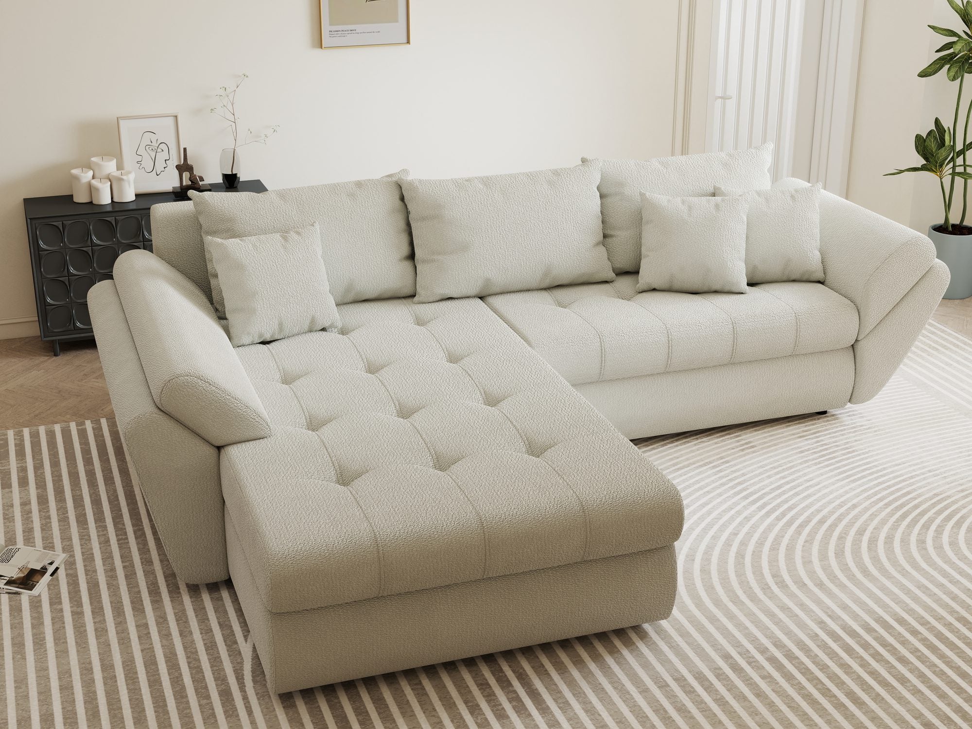 Colțar extensibil dumonde cu ladă de depozitare si sezut confortabil din spuma high-density, Loana Vibe Bej 270x185 cm