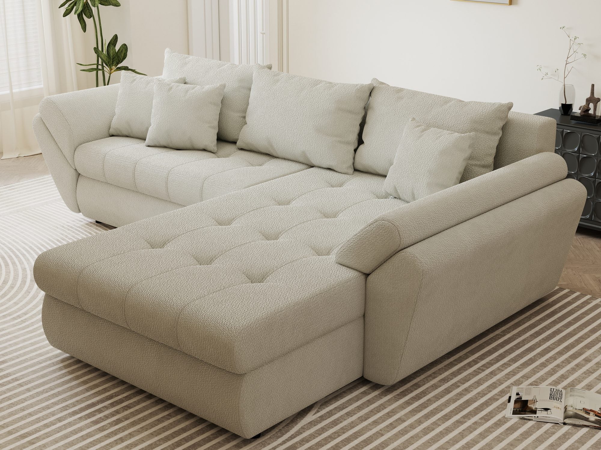 Colțar extensibil dumonde cu ladă de depozitare si sezut confortabil din spuma high-density, Loana Vibe Bej II 270x185 cm