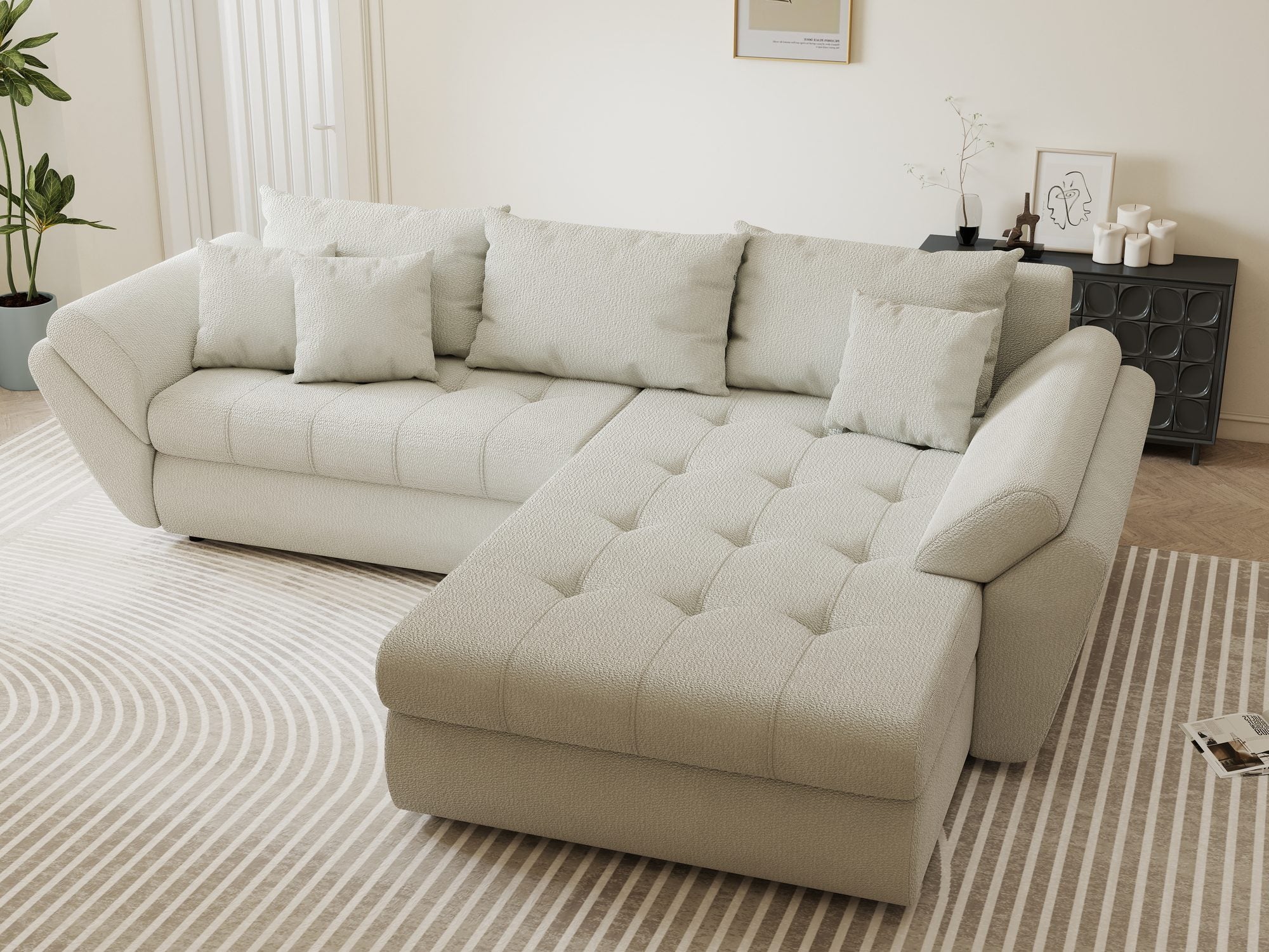 Colțar extensibil dumonde cu ladă de depozitare si sezut confortabil din spuma high-density, Loana Vibe Bej II 270x185 cm