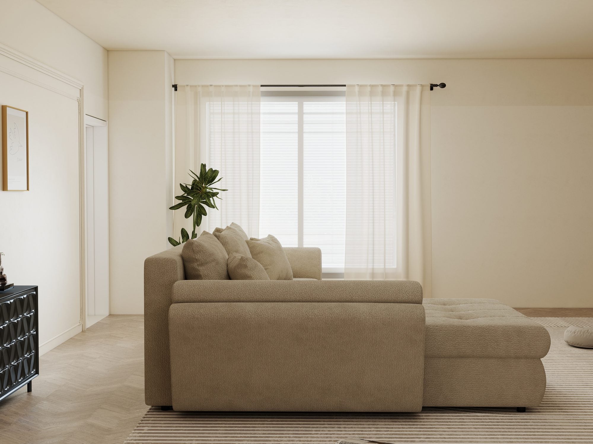 Colțar extensibil dumonde cu ladă de depozitare si sezut confortabil din spuma high-density, Loana Vibe Bej 270x185 cm