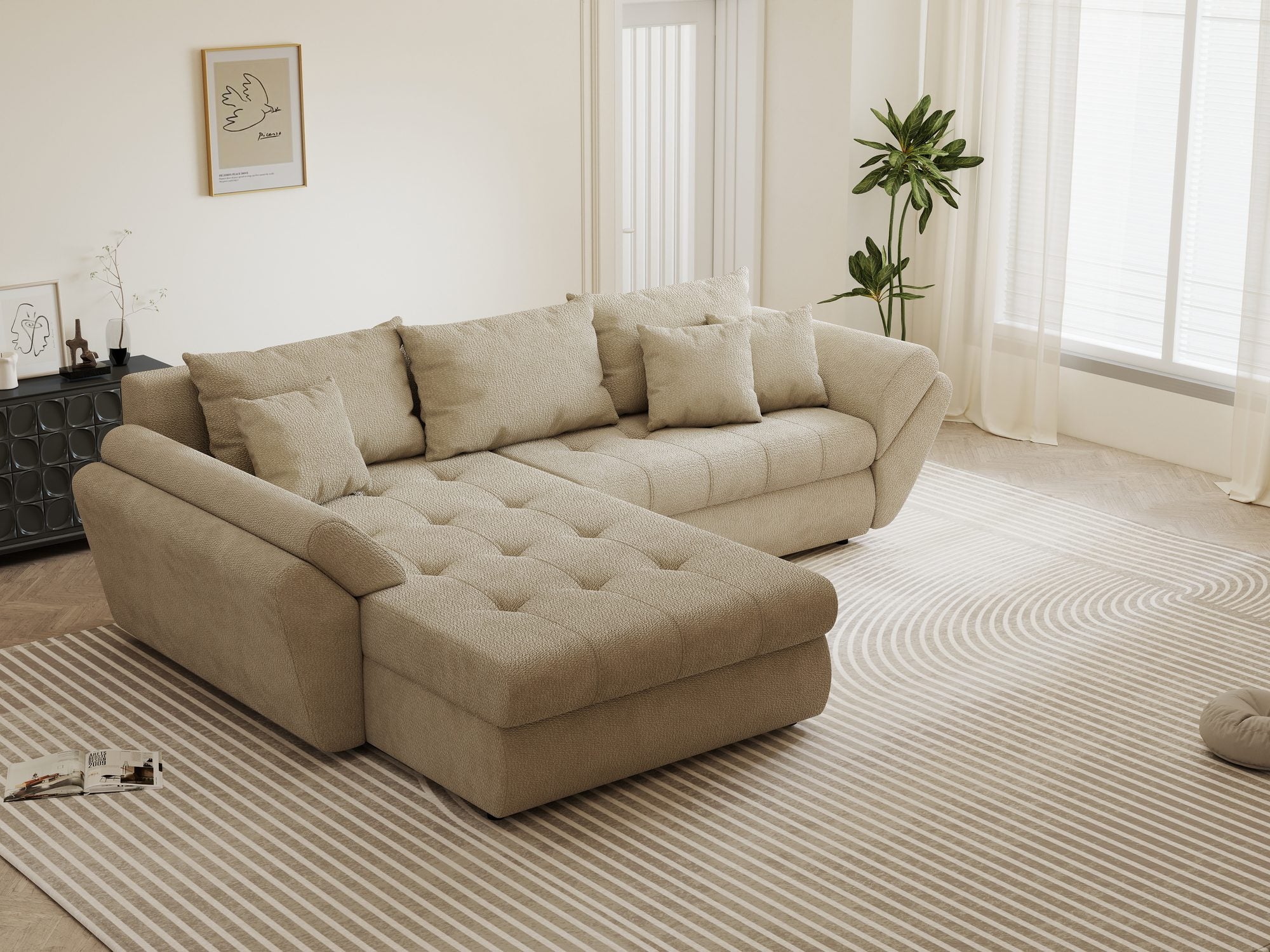 Colțar extensibil dumonde cu ladă de depozitare si sezut confortabil din spuma high-density, Loana Vibe Bej 270x185 cm