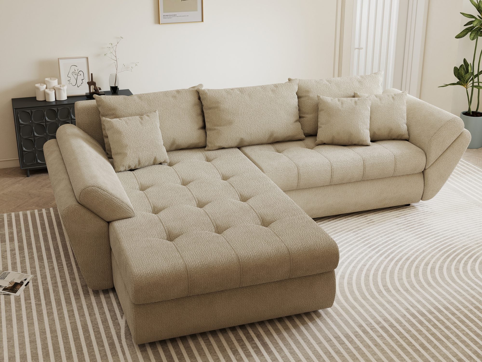 Colțar extensibil dumonde cu ladă de depozitare si sezut confortabil din spuma high-density, Loana Vibe Bej 270x185 cm