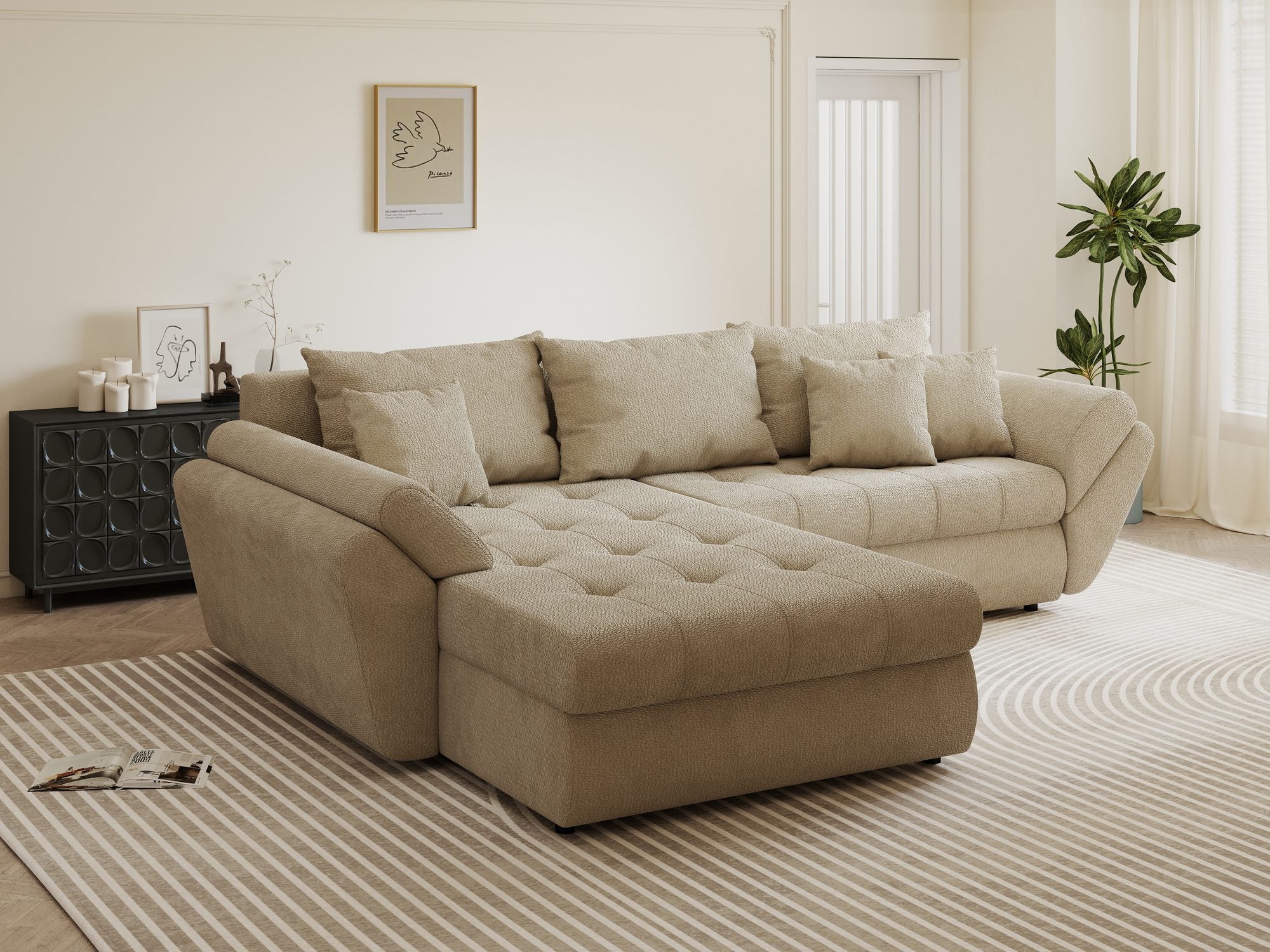 Colțar extensibil dumonde cu ladă de depozitare si sezut confortabil din spuma high-density, Loana Vibe Bej 270x185 cm