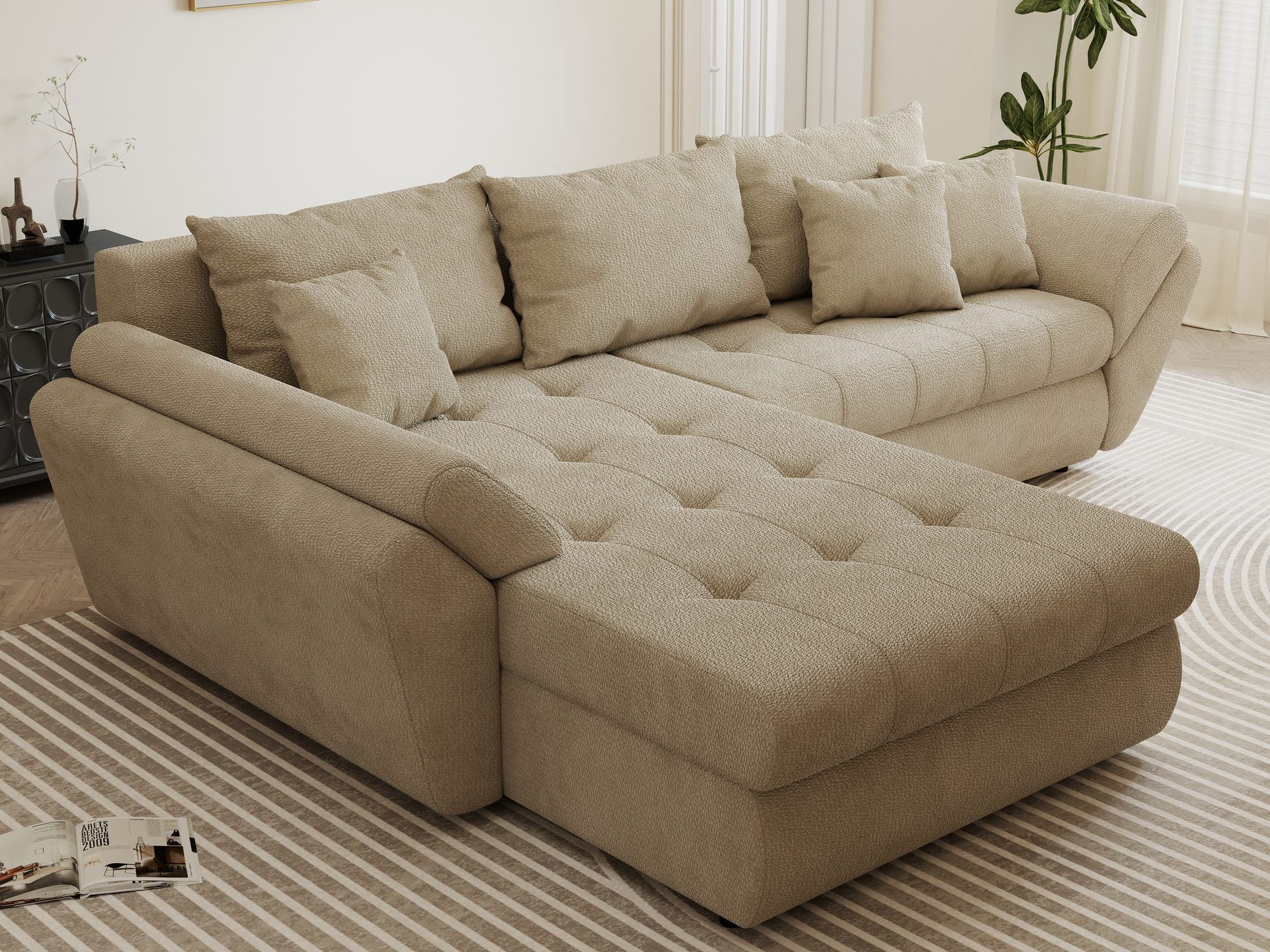 Colțar extensibil dumonde cu ladă de depozitare si sezut confortabil din spuma high-density, Loana Vibe Bej 270x185 cm