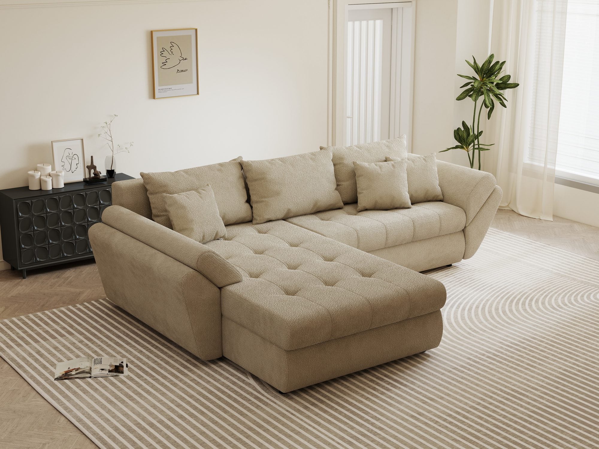 Colțar extensibil dumonde cu ladă de depozitare si sezut confortabil din spuma high-density, Loana Vibe Bej 270x185 cm