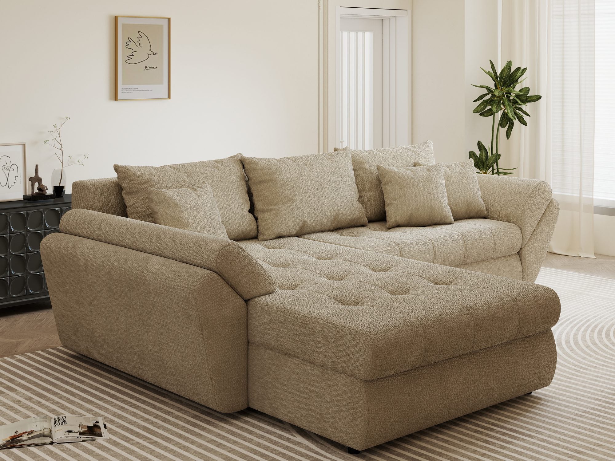 Colțar extensibil dumonde cu ladă de depozitare si sezut confortabil din spuma high-density, Loana Vibe Bej 270x185 cm