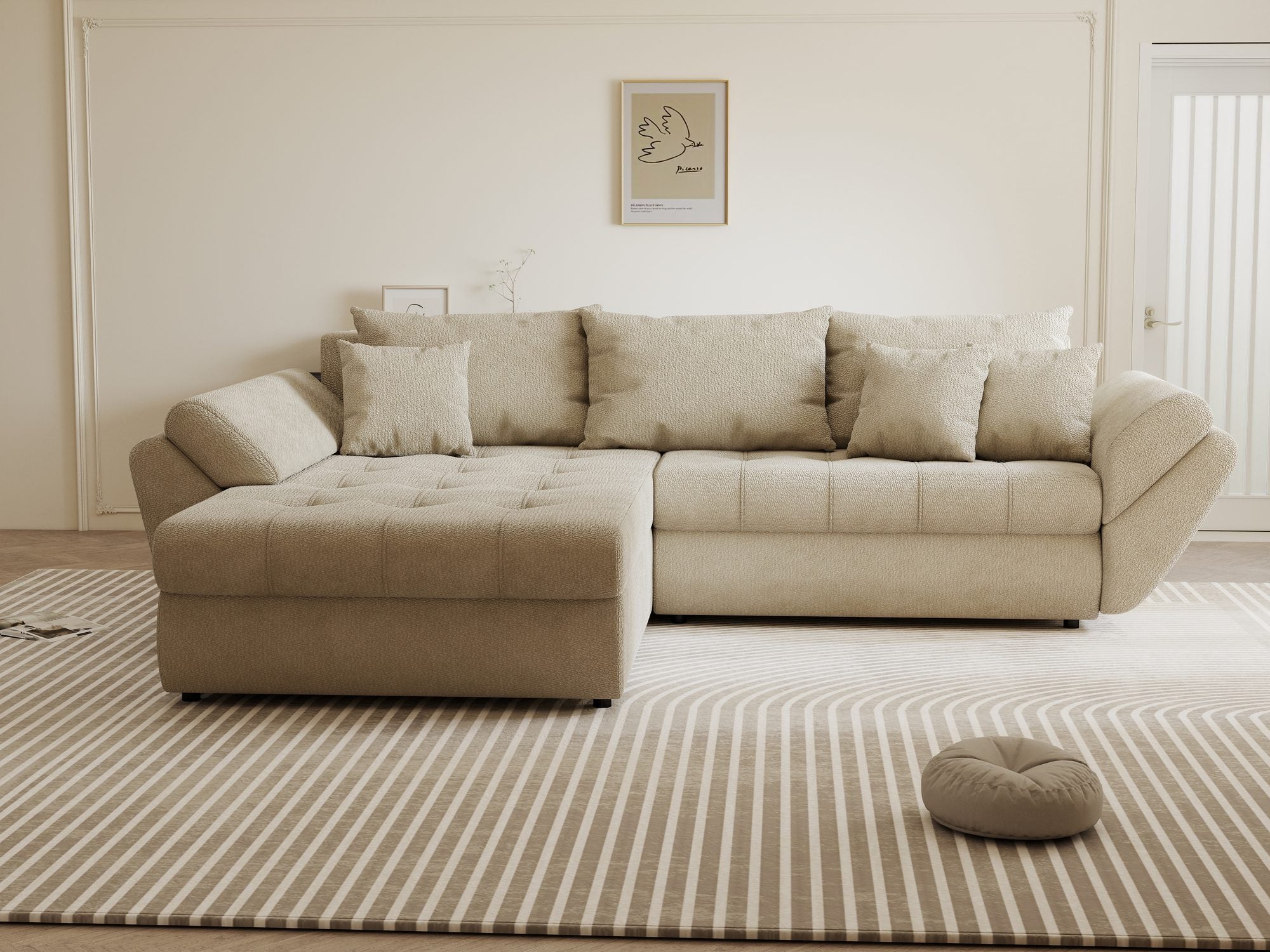 Colțar extensibil dumonde cu ladă de depozitare si sezut confortabil din spuma high-density, Loana Vibe Bej 270x185 cm