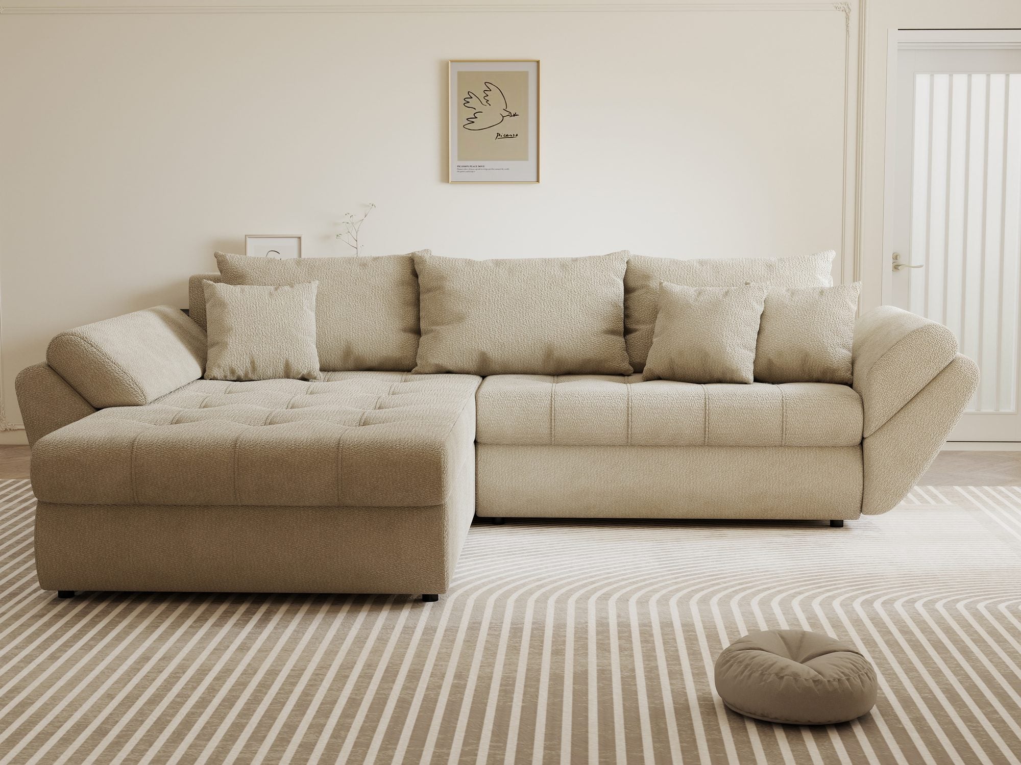 Colțar extensibil dumonde cu ladă de depozitare si sezut confortabil din spuma high-density, Loana Vibe Bej 270x185 cm