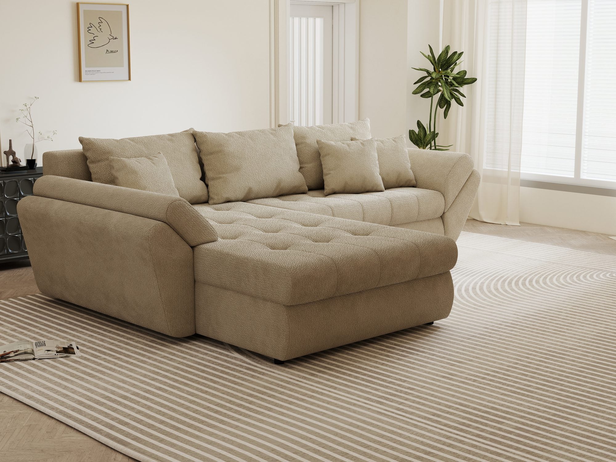 Colțar extensibil dumonde cu ladă de depozitare si sezut confortabil din spuma high-density, Loana Vibe Bej 270x185 cm