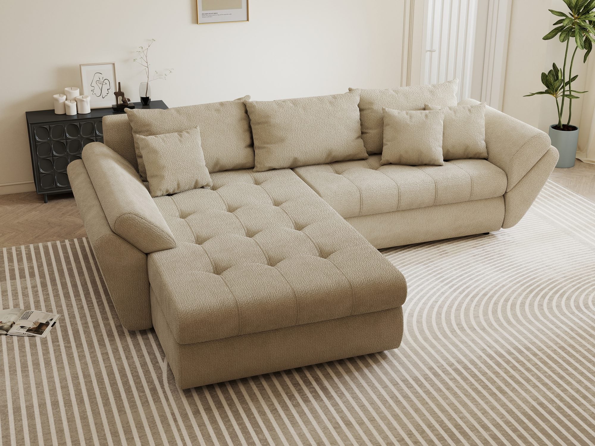 Colțar extensibil dumonde cu ladă de depozitare si sezut confortabil din spuma high-density, Loana Vibe Bej 270x185 cm