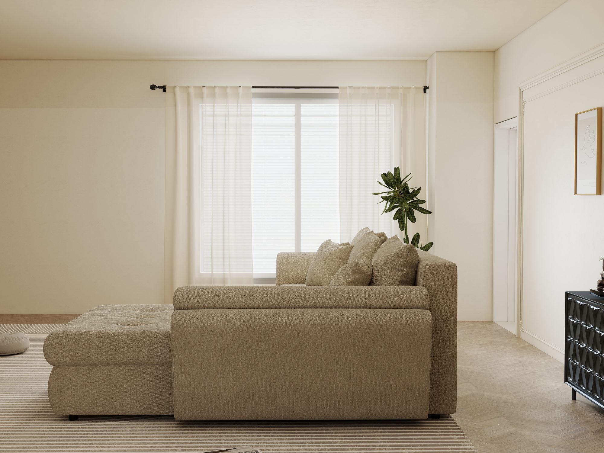 Colțar extensibil dumonde cu ladă de depozitare si sezut confortabil din spuma high-density, Loana Vibe Bej II 270x185 cm