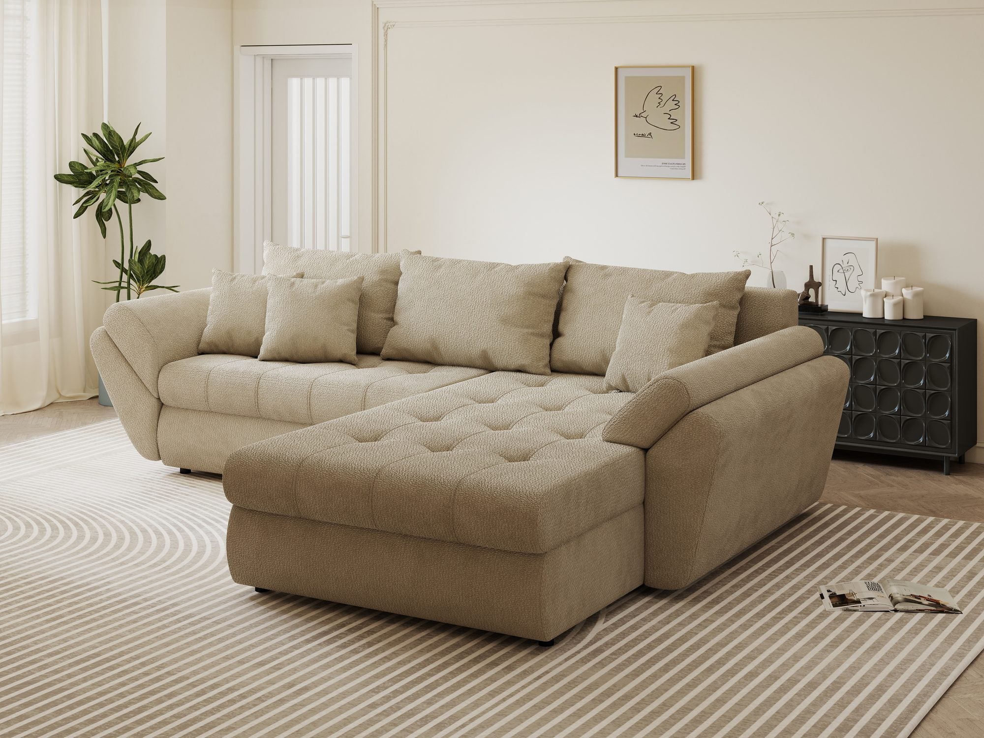 Colțar extensibil dumonde cu ladă de depozitare si sezut confortabil din spuma high-density, Loana Vibe Bej II 270x185 cm