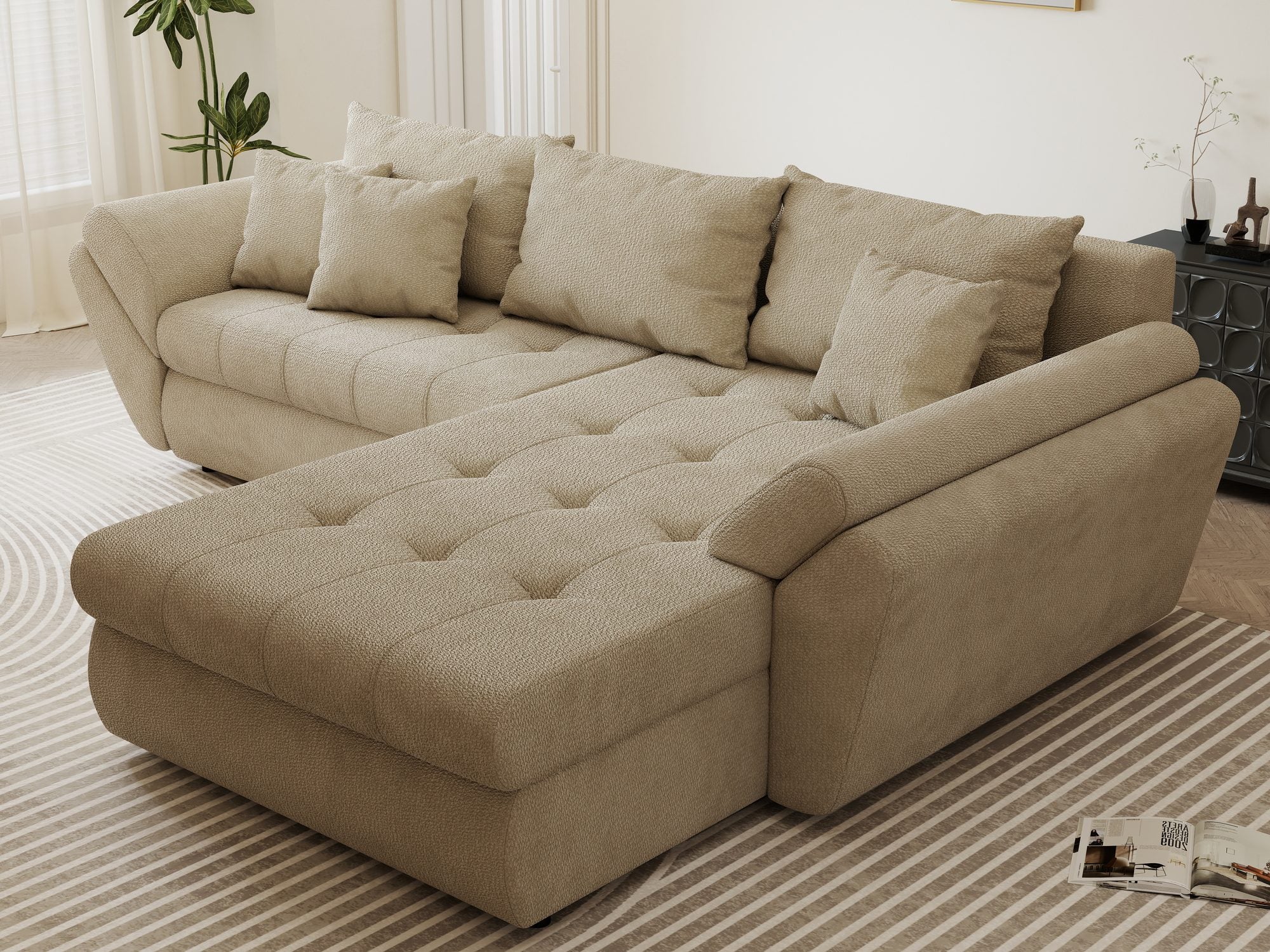 Colțar extensibil dumonde cu ladă de depozitare si sezut confortabil din spuma high-density, Loana Vibe Bej II 270x185 cm