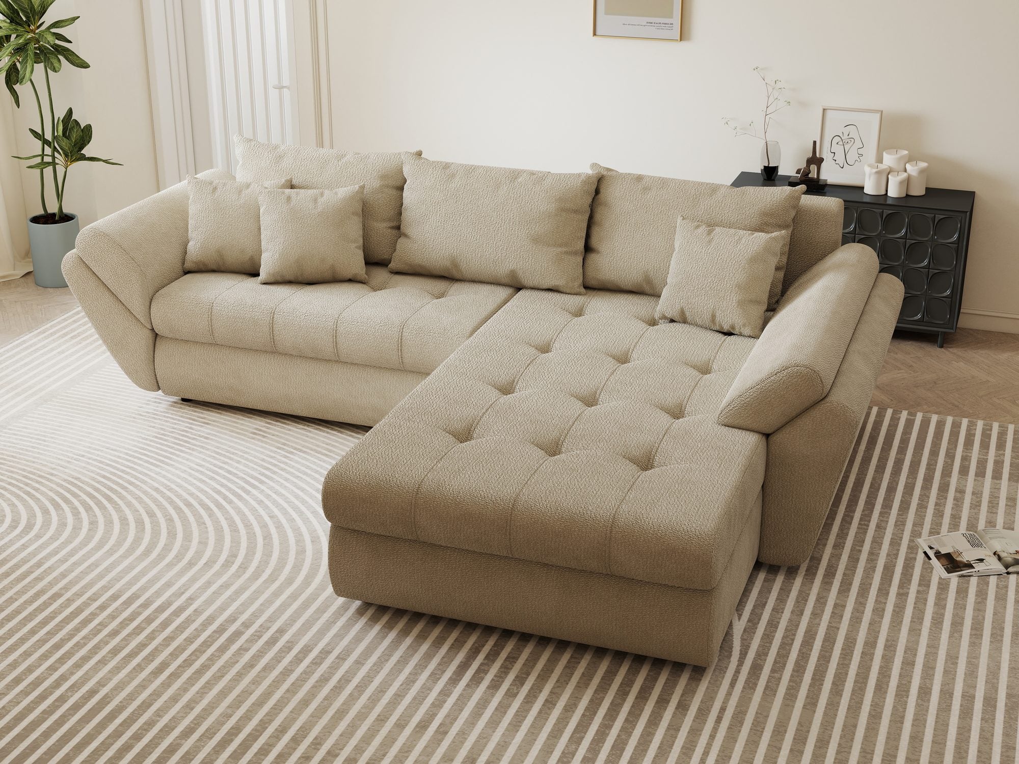 Colțar extensibil dumonde cu ladă de depozitare si sezut confortabil din spuma high-density, Loana Vibe Bej II 270x185 cm