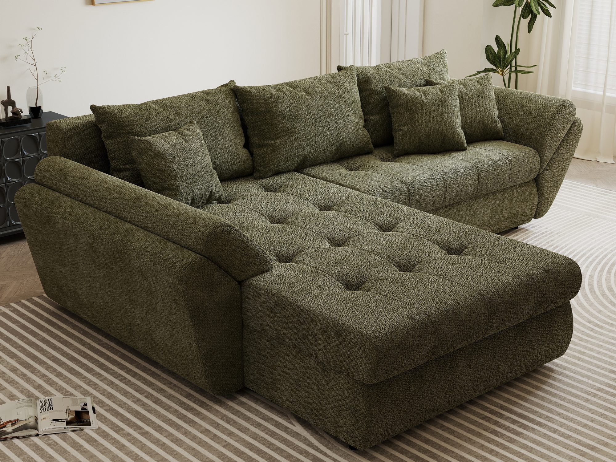 Colțar extensibil dumonde cu ladă de depozitare si sezut confortabil din spuma high-density, Loana Vibe Olive 270x185 cm