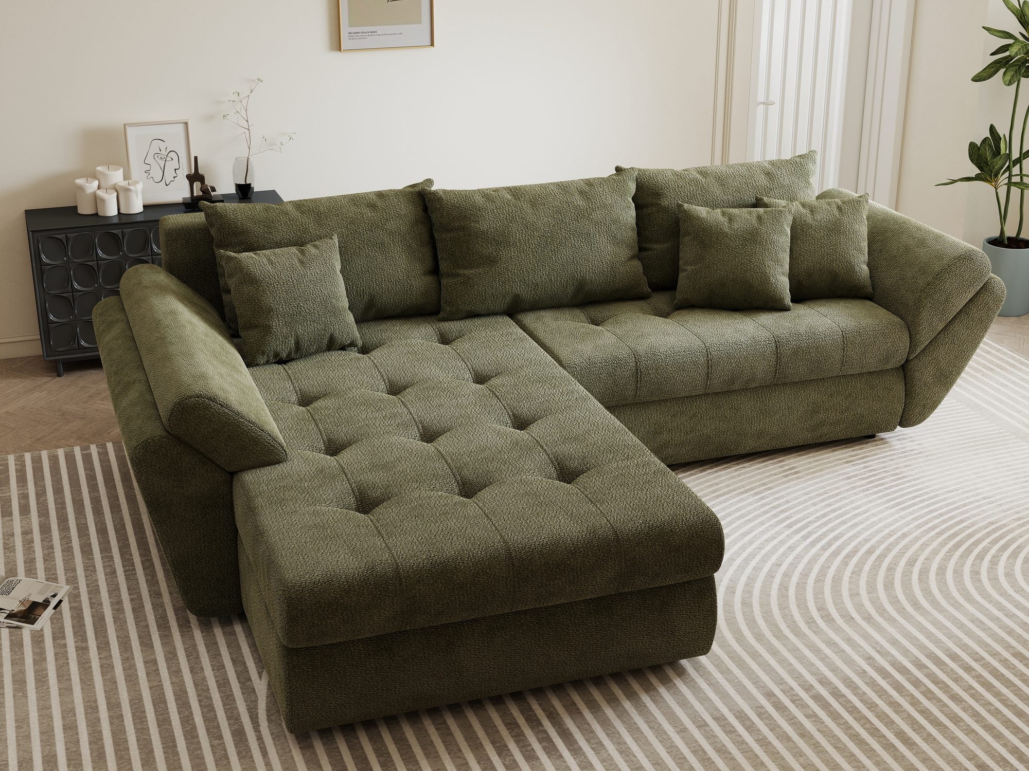 Colțar extensibil dumonde cu ladă de depozitare si sezut confortabil din spuma high-density, Loana Vibe Olive 270x185 cm