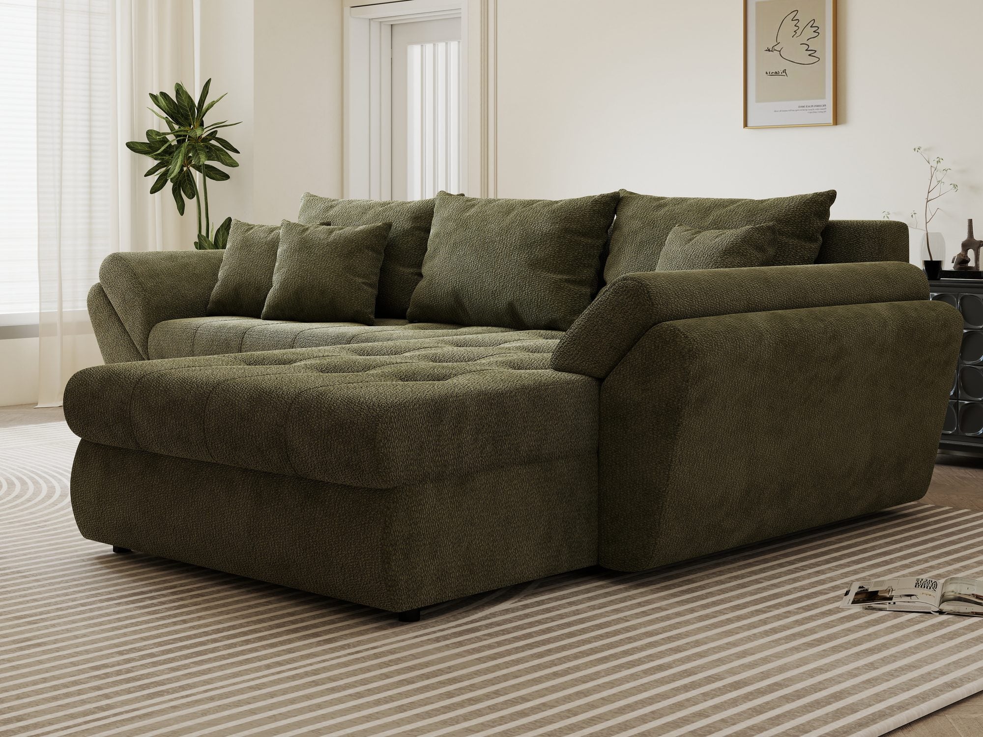 Colțar extensibil dumonde cu ladă de depozitare si sezut confortabil din spuma high-density, Loana Vibe Olive II 270x185 cm