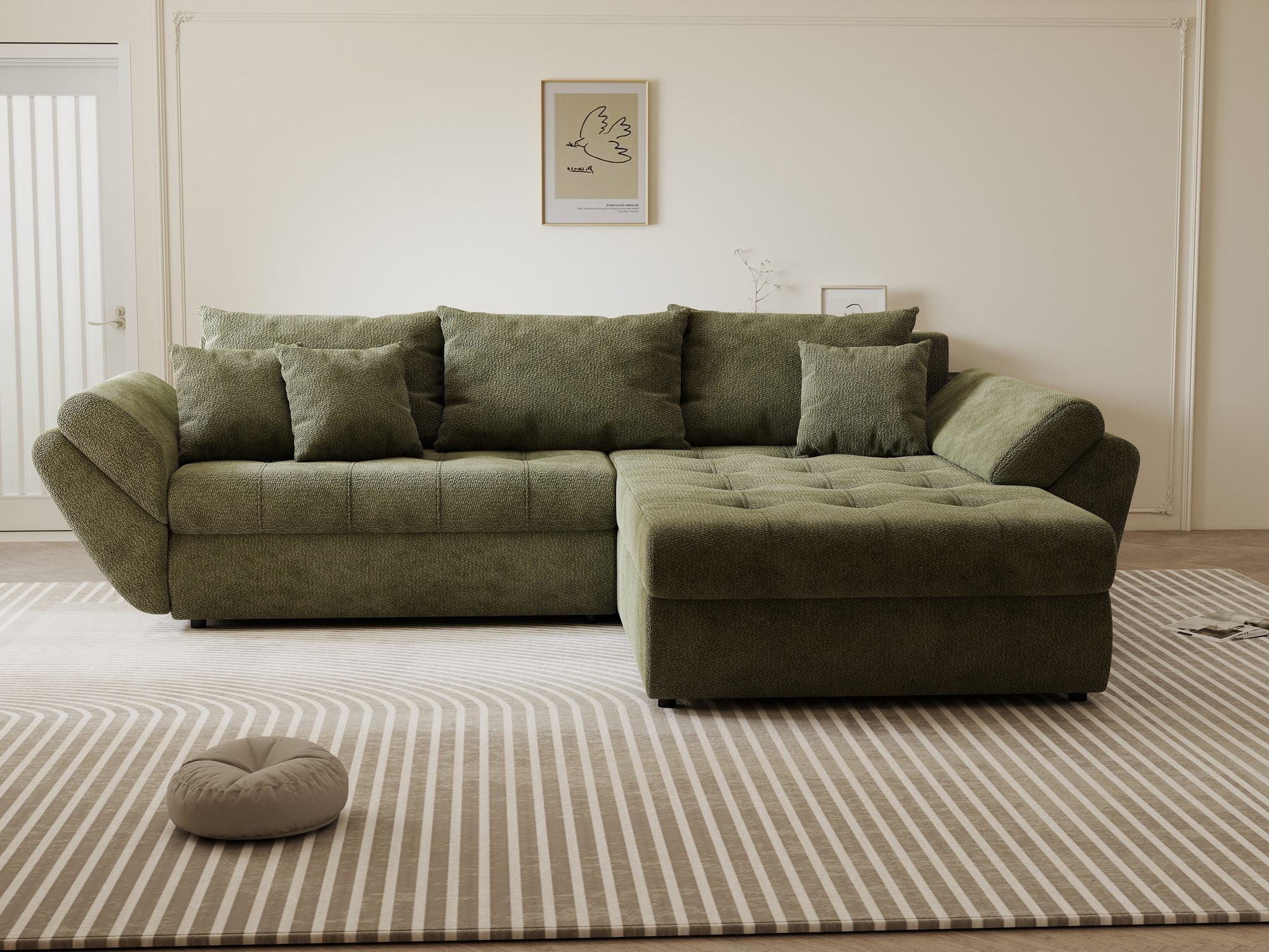 Colțar extensibil dumonde cu ladă de depozitare si sezut confortabil din spuma high-density, Loana Vibe Olive II 270x185 cm