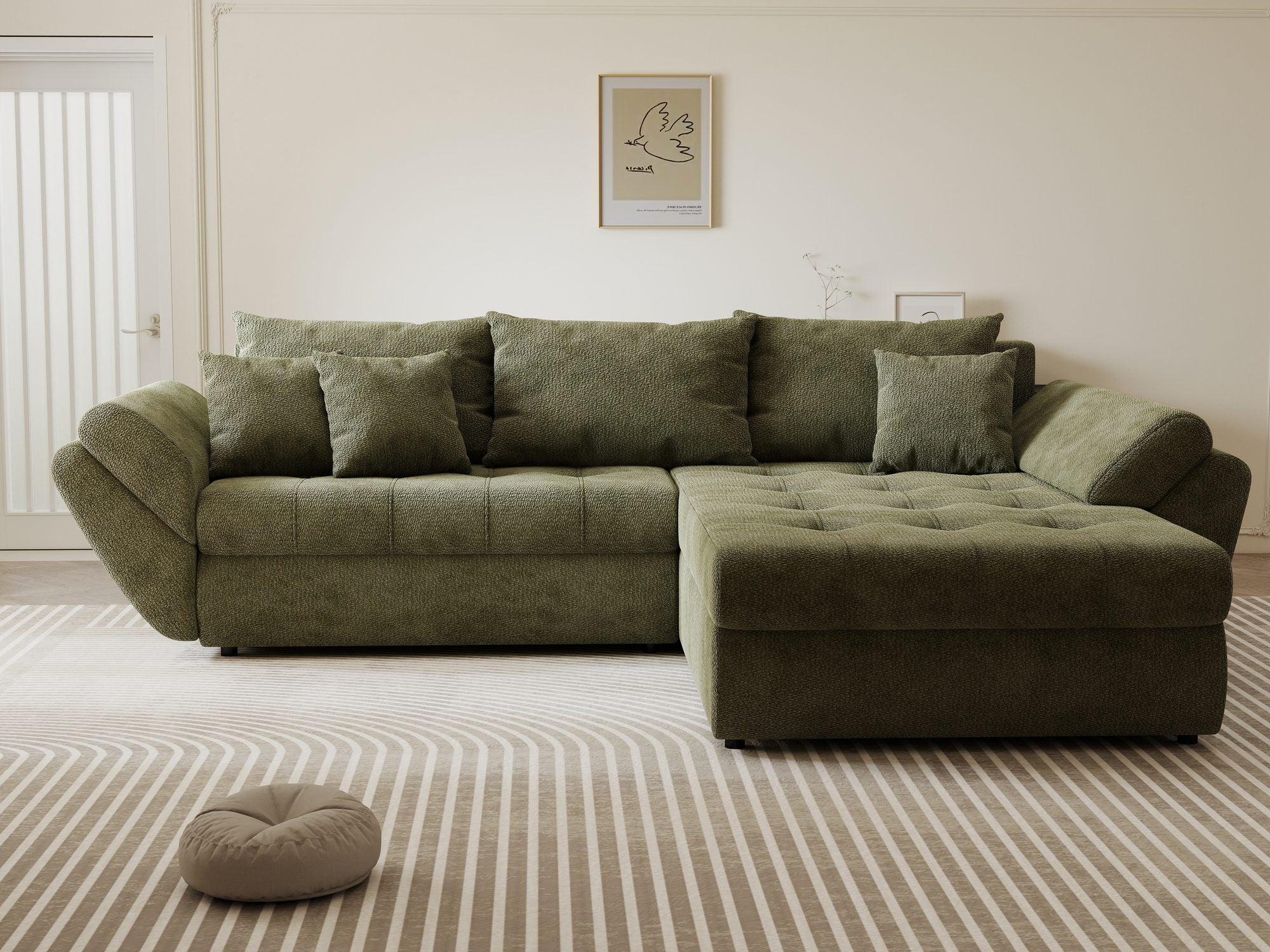 Colțar extensibil dumonde cu ladă de depozitare si sezut confortabil din spuma high-density, Loana Vibe Olive II 270x185 cm