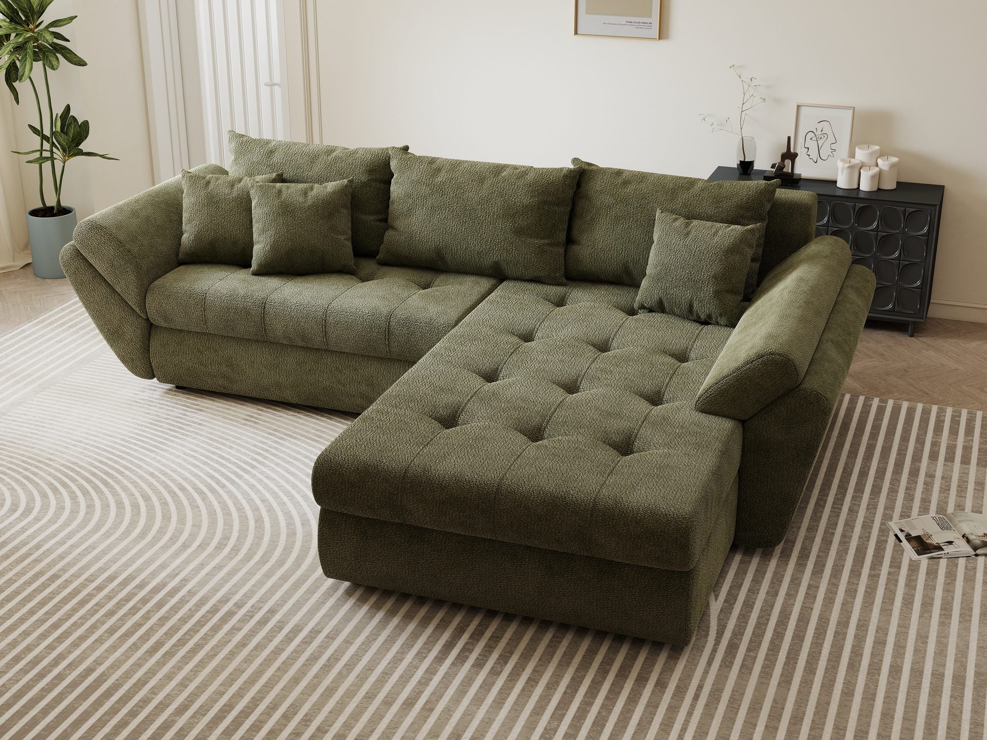 Colțar extensibil dumonde cu ladă de depozitare si sezut confortabil din spuma high-density, Loana Vibe Olive II 270x185 cm