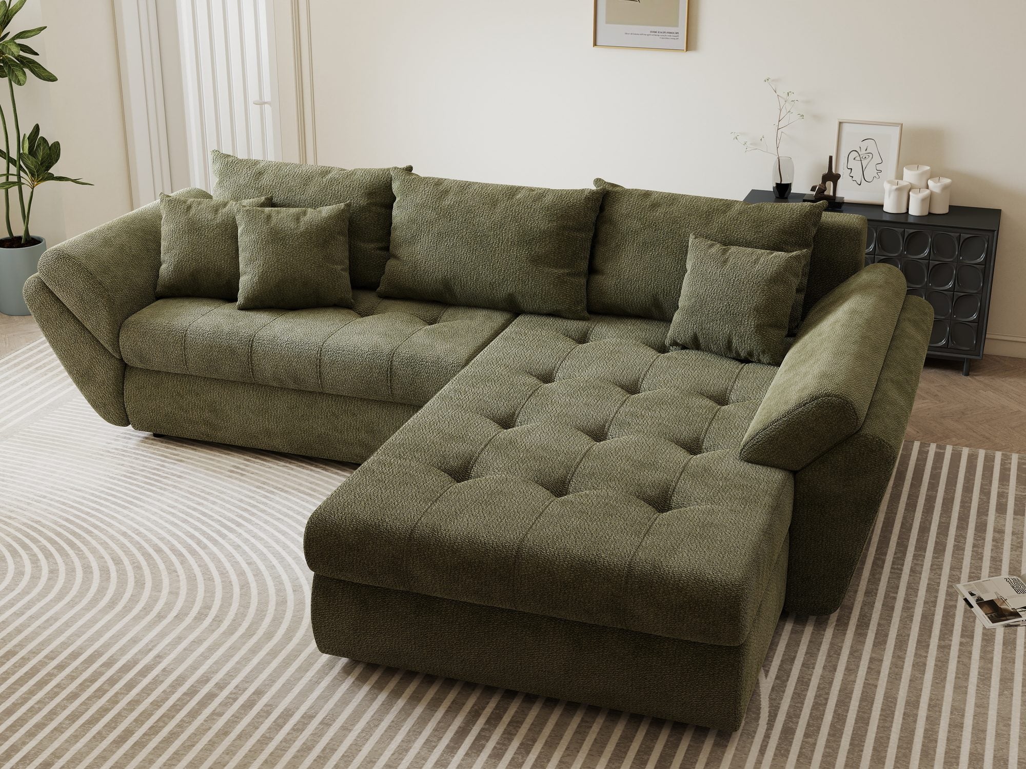 Colțar extensibil dumonde cu ladă de depozitare si sezut confortabil din spuma high-density, Loana Vibe Olive II 270x185 cm