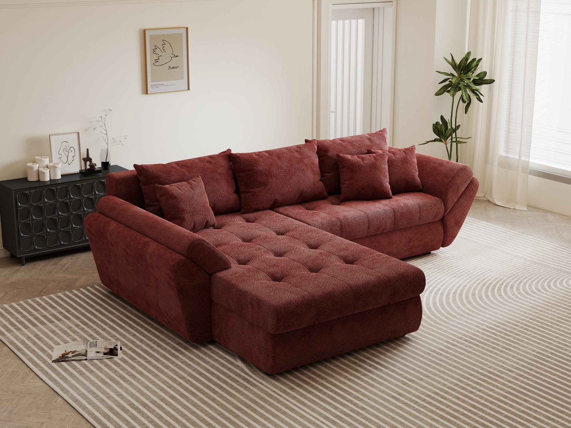 Colțar extensibil dumonde cu ladă de depozitare si sezut confortabil din spuma high-density, Loana Vibe Rosu 270x185 cm