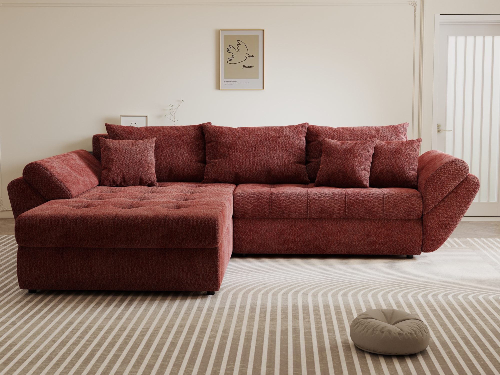 Colțar extensibil dumonde cu ladă de depozitare si sezut confortabil din spuma high-density, Loana Vibe Rosu 270x185 cm
