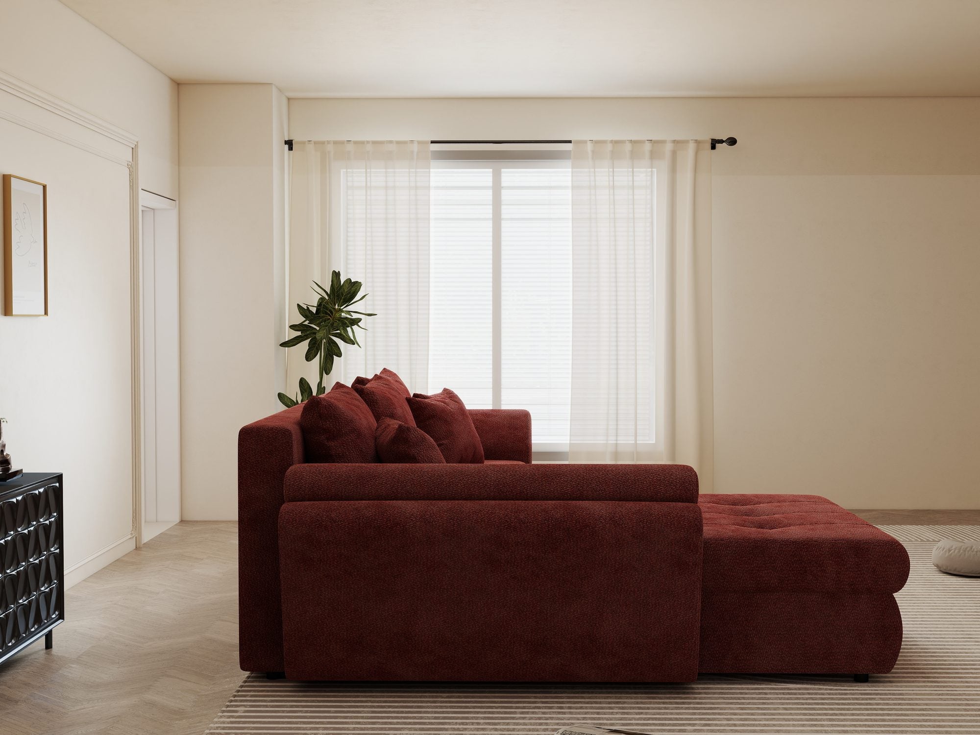 Colțar extensibil dumonde cu ladă de depozitare si sezut confortabil din spuma high-density, Loana Vibe Rosu 270x185 cm