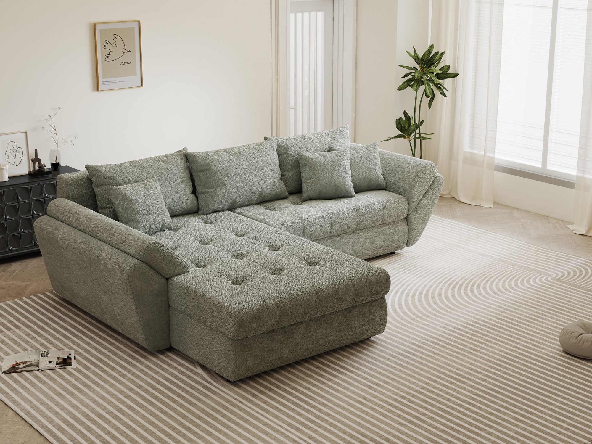 Colțar extensibil dumonde cu ladă de depozitare si sezut confortabil din spuma high-density, Loana Vibe Mint 270x185 cm
