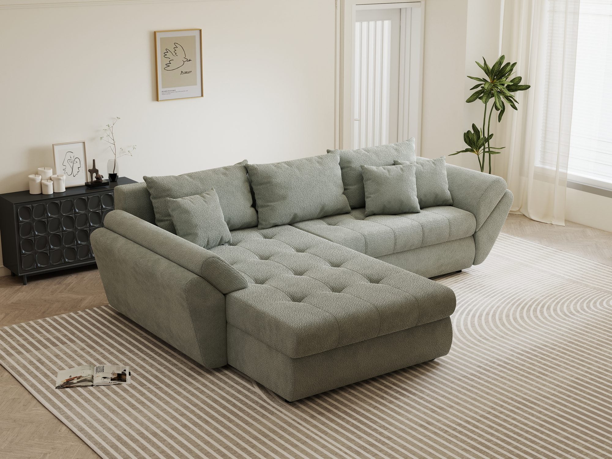 Colțar extensibil dumonde cu ladă de depozitare si sezut confortabil din spuma high-density, Loana Vibe Mint 270x185 cm
