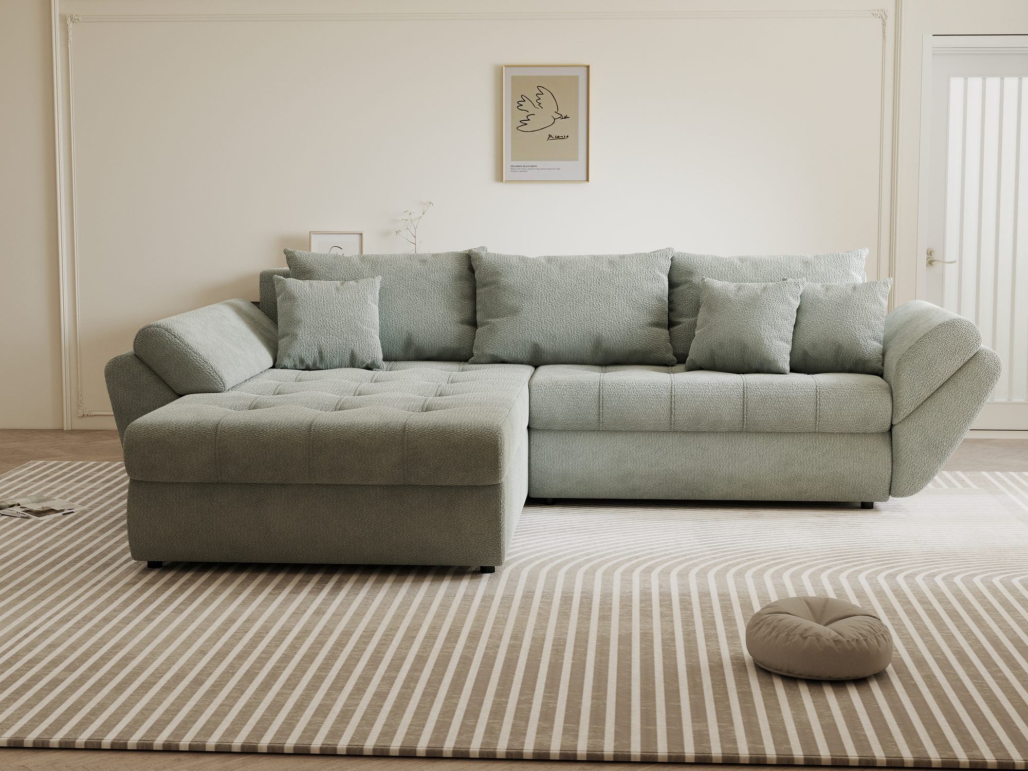 Colțar extensibil dumonde cu ladă de depozitare si sezut confortabil din spuma high-density, Loana Vibe Mint 270x185 cm