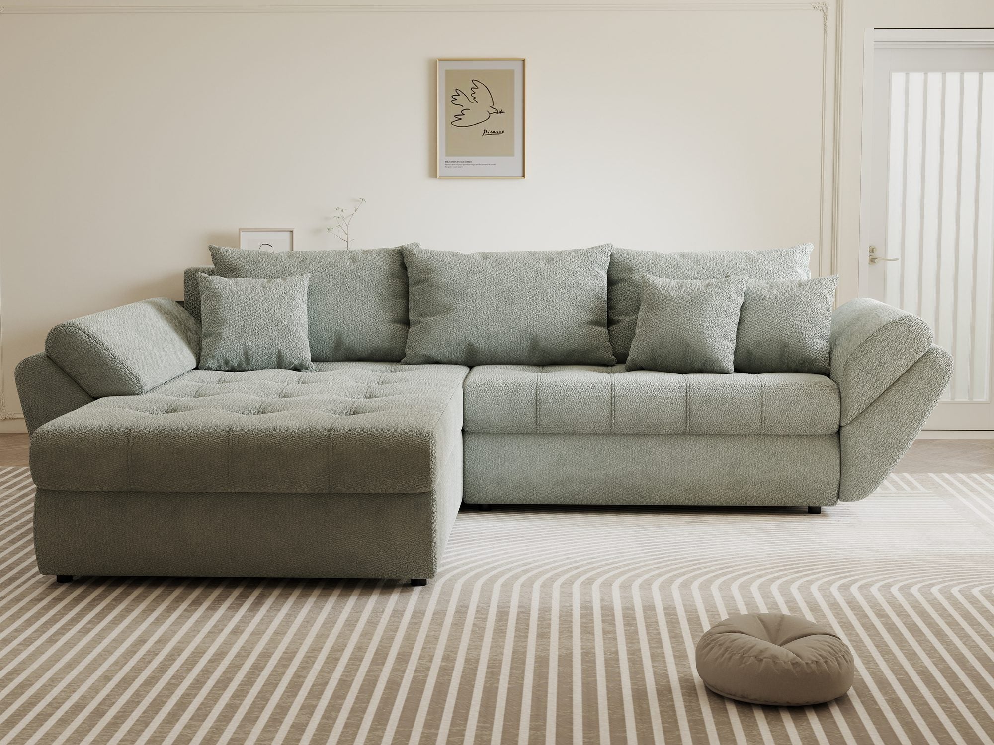 Colțar extensibil dumonde cu ladă de depozitare si sezut confortabil din spuma high-density, Loana Vibe Mint 270x185 cm