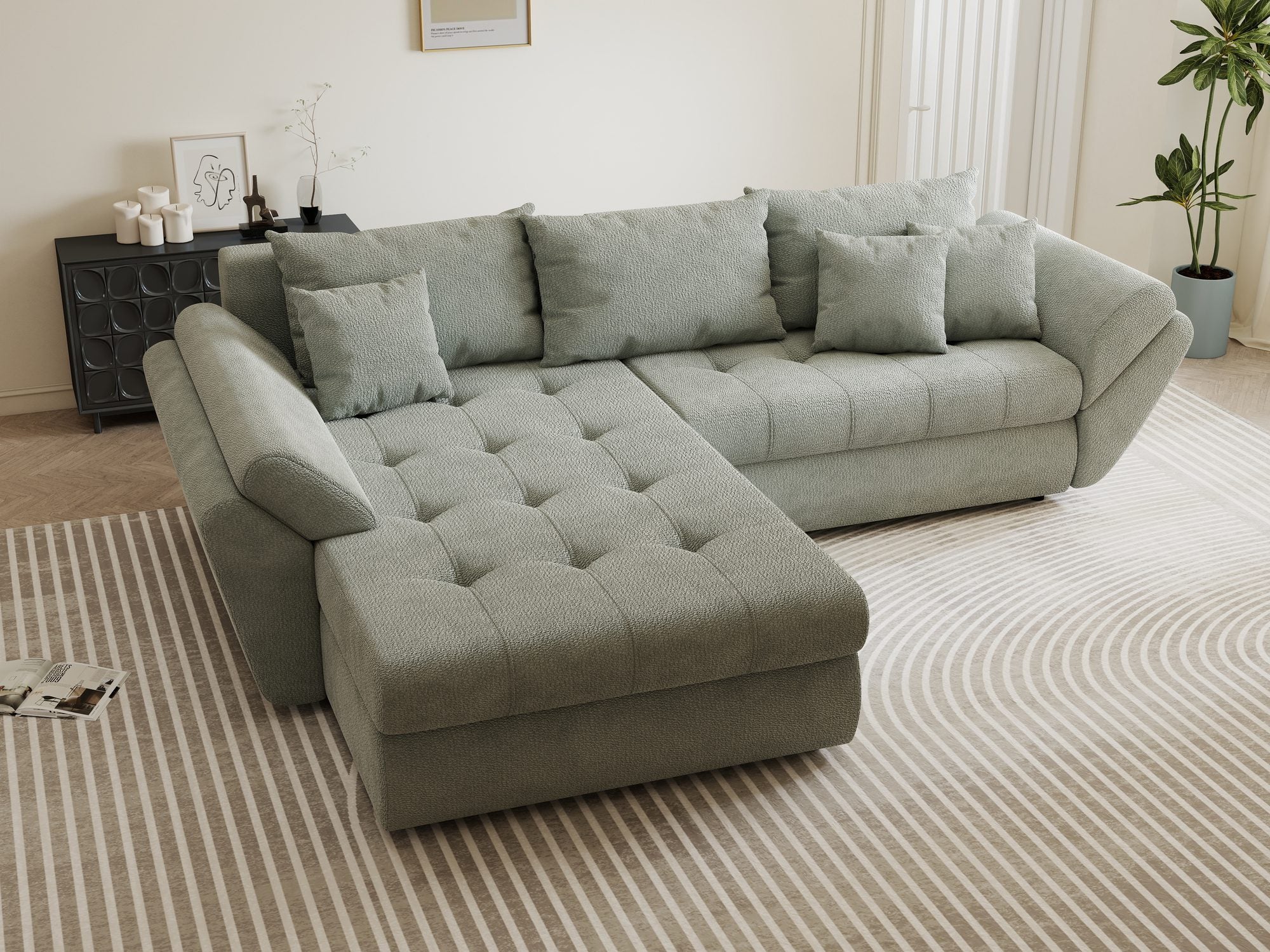 Colțar extensibil dumonde cu ladă de depozitare si sezut confortabil din spuma high-density, Loana Vibe Mint 270x185 cm