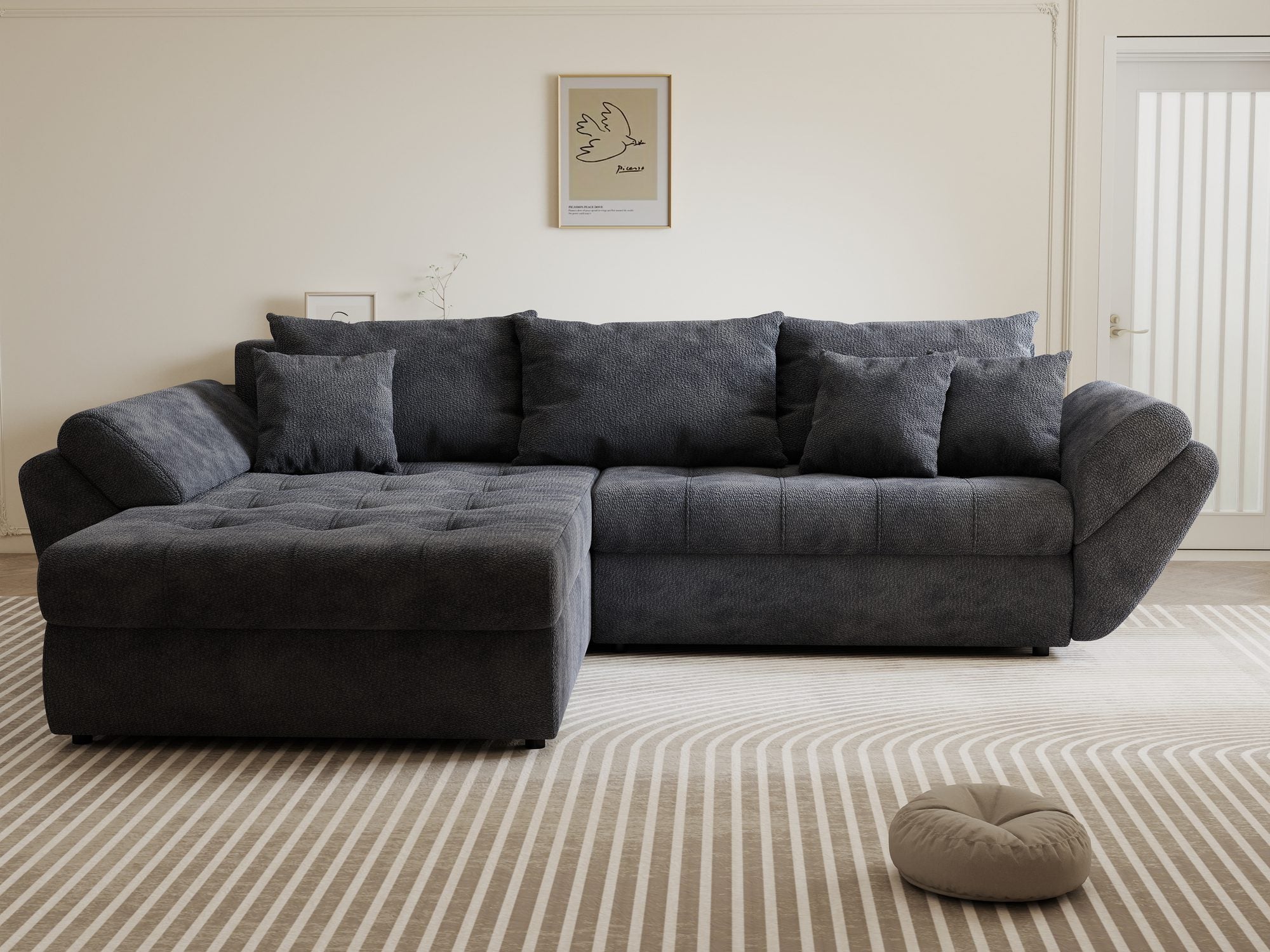 Colțar extensibil dumonde cu ladă de depozitare si sezut confortabil din spuma high-density, Loana Vibe Gri antracit 270x185 cm