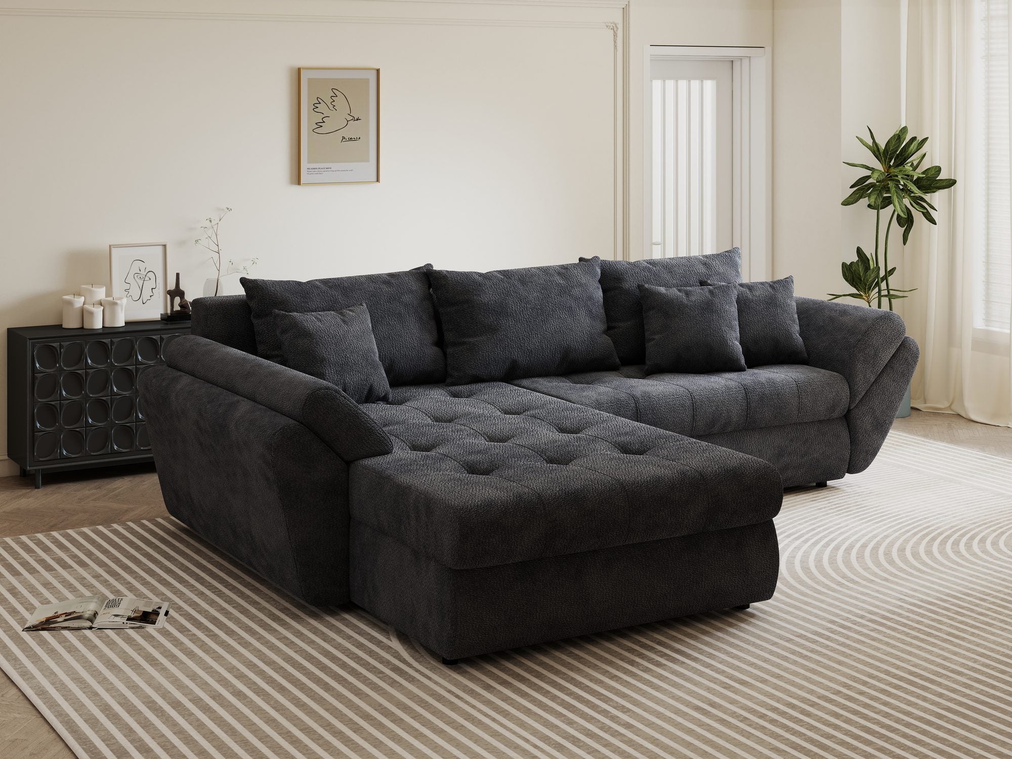 Colțar extensibil dumonde cu ladă de depozitare si sezut confortabil din spuma high-density, Loana Vibe Gri antracit 270x185 cm