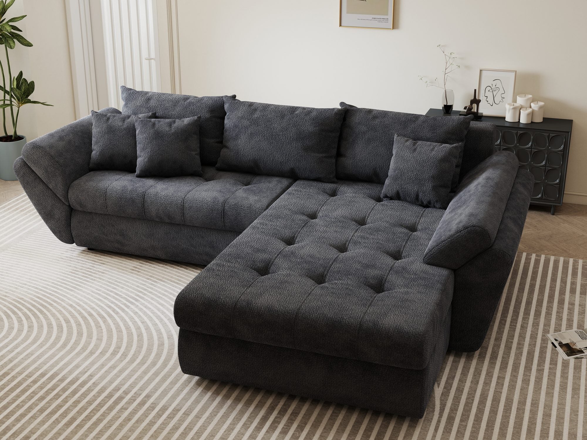 Colțar extensibil dumonde cu ladă de depozitare si sezut confortabil din spuma high-density, Loana Vibe Gri antracit II 270x185 cm