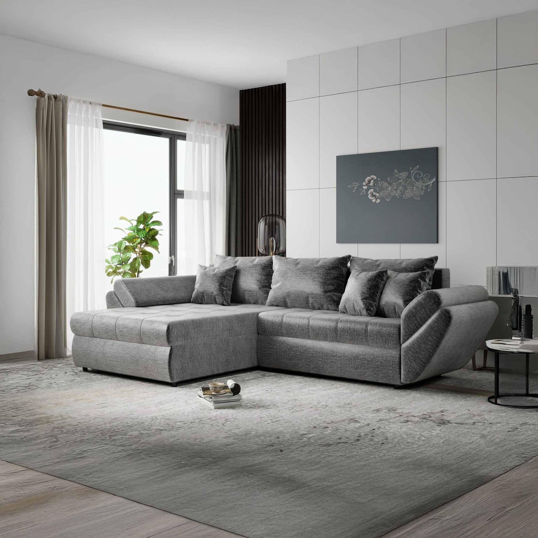 Colțar extensibil dumonde cu ladă de depozitare si sezut confortabil din spuma high-density, Loana Monolith Gri 270x185 cm