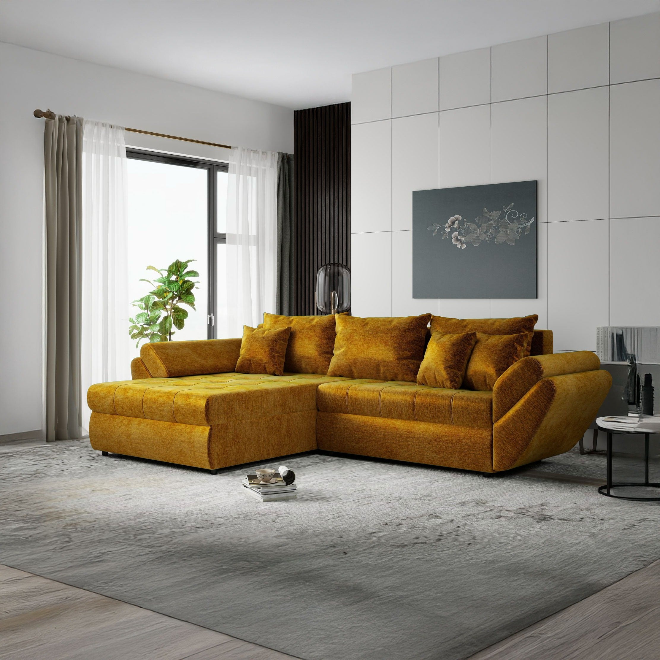 Colțar extensibil dumonde cu ladă de depozitare si sezut confortabil din spuma high-density, Loana Monolith Mustar 270x185 cm