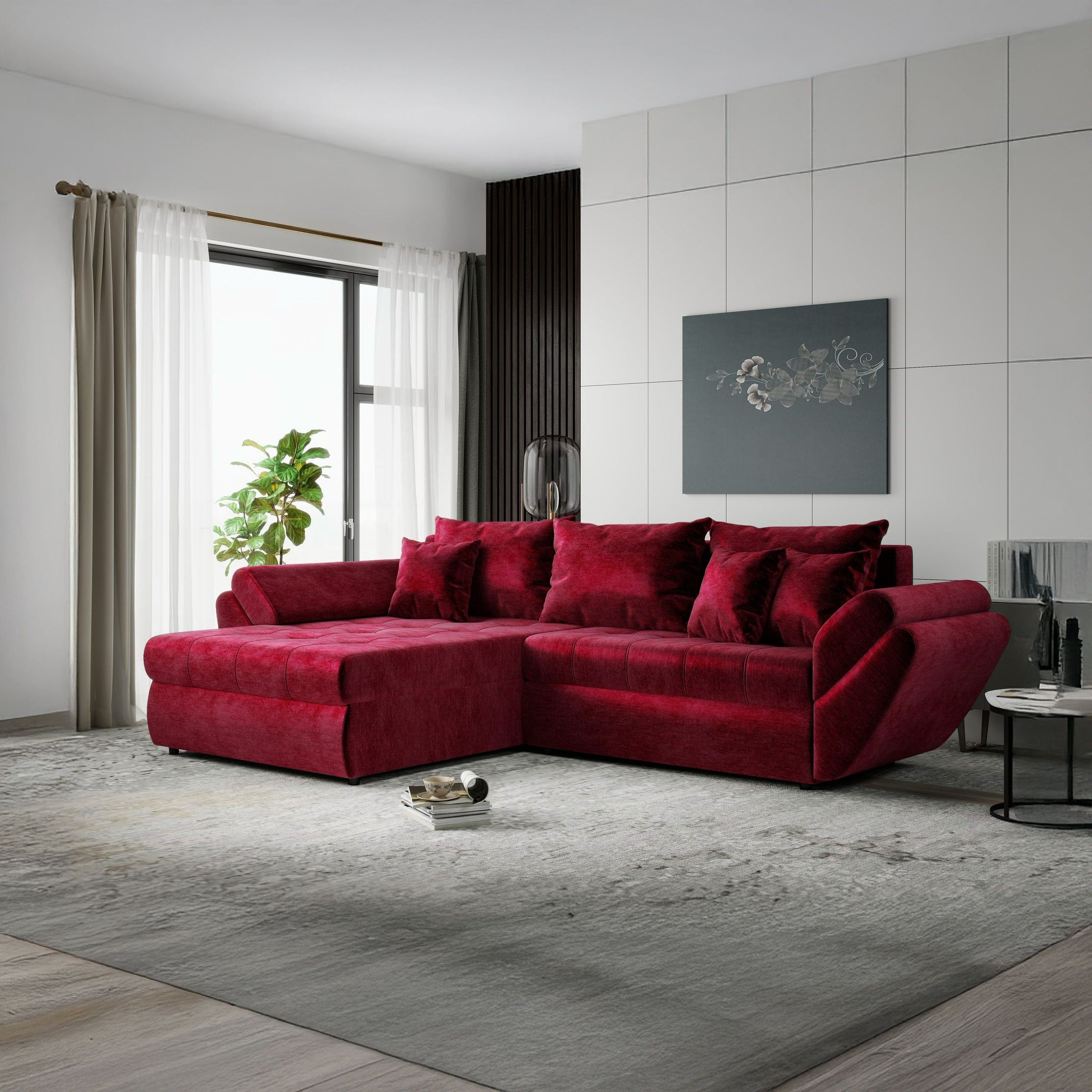 Colțar extensibil dumonde cu ladă de depozitare si sezut confortabil din spuma high-density, Loana Monolith Rosu 270x185 cm