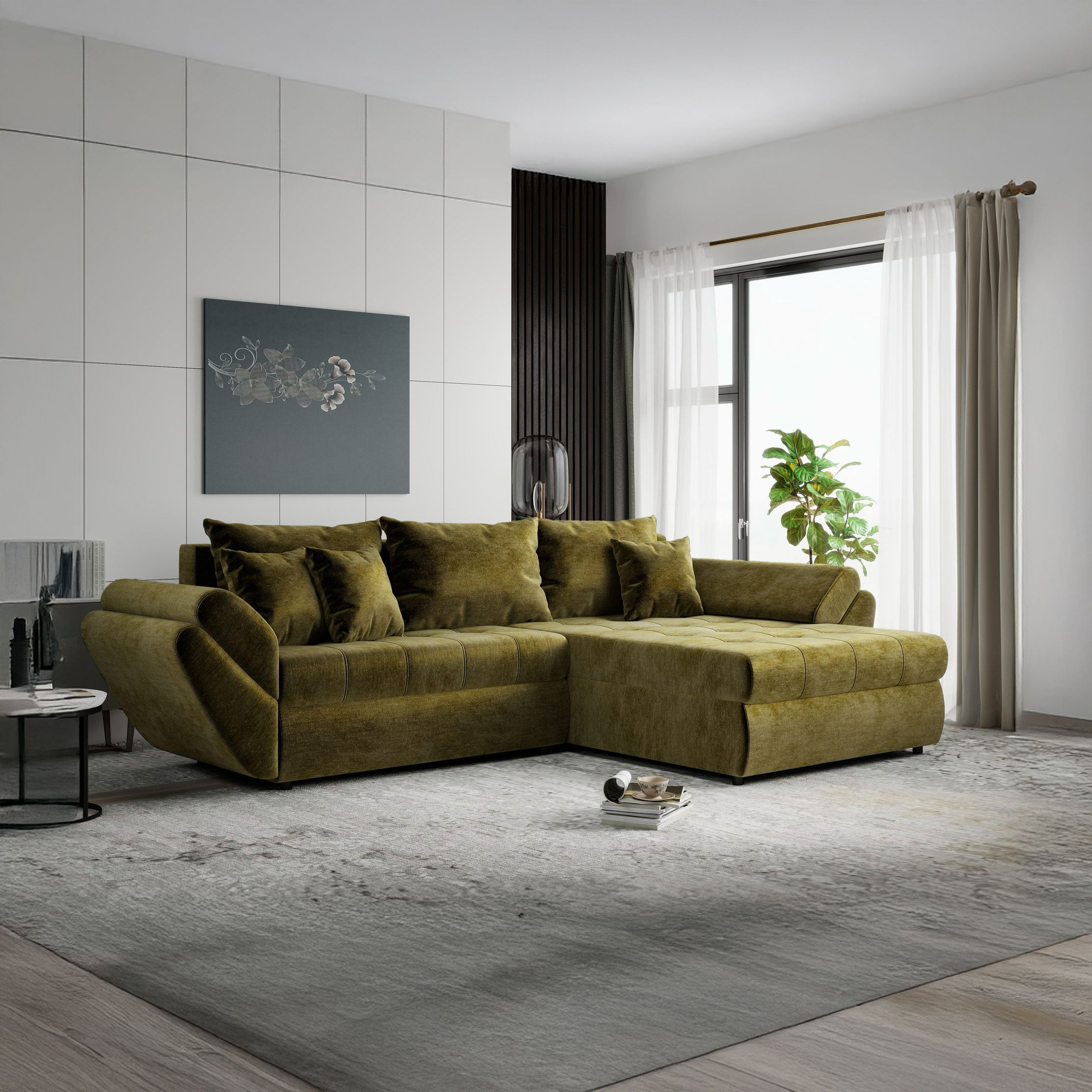 Colțar extensibil dumonde cu ladă de depozitare si sezut confortabil din spuma high-density, Loana Monolith Verde olive II 270x185 cm