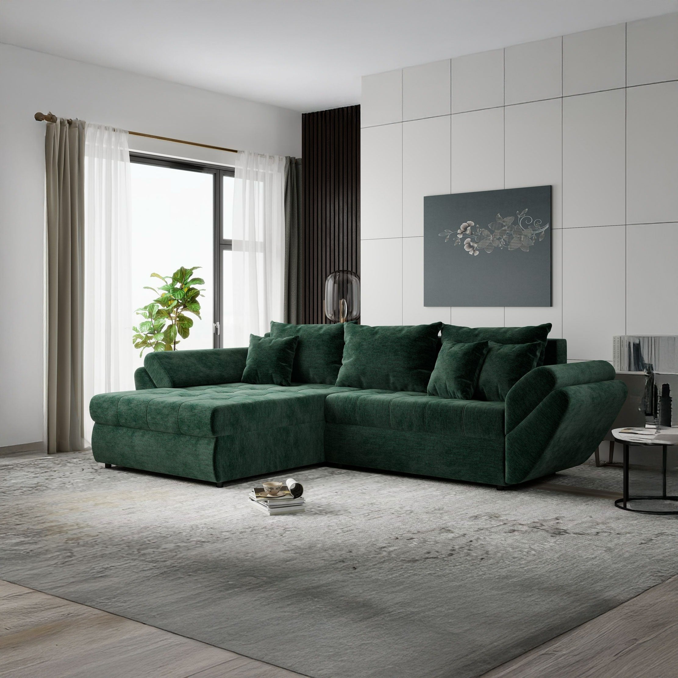Colțar extensibil dumonde cu ladă de depozitare si sezut confortabil din spuma high-density, Loana Monolith Verde 270x185 cm