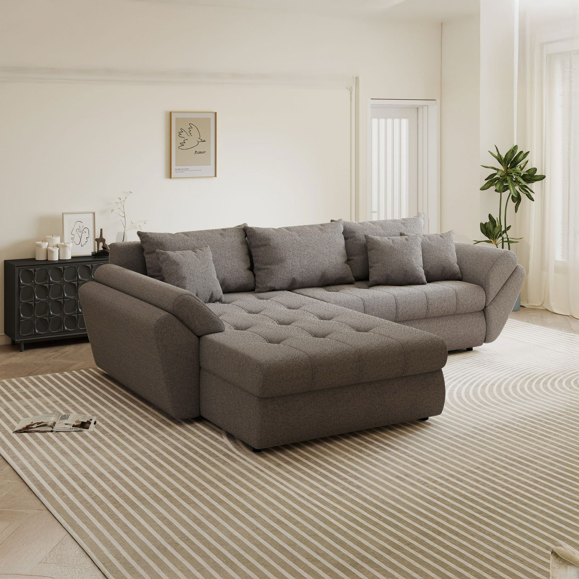 Colțar extensibil dumonde cu ladă de depozitare si sezut confortabil din spuma high-density, Loana Monte Gri 270x185 cm